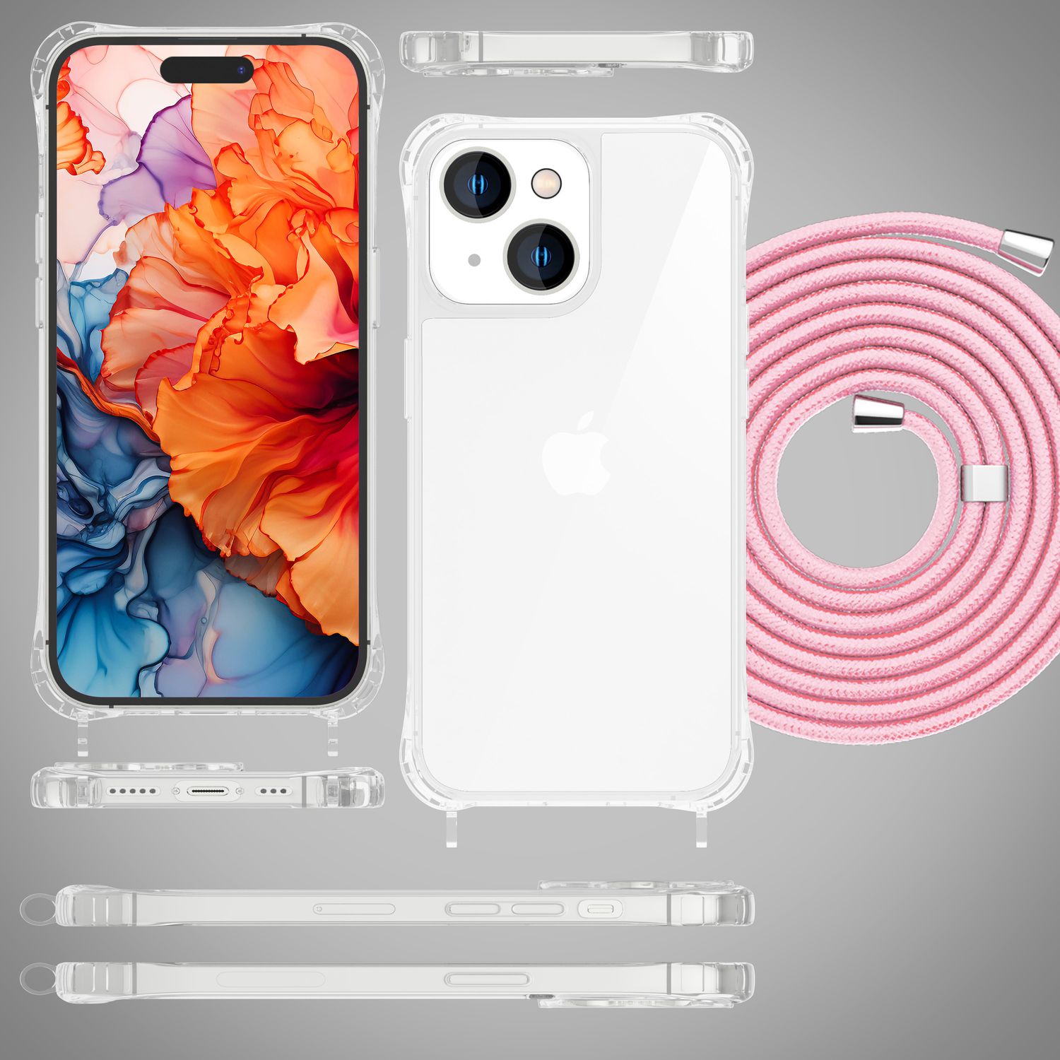 Hülle mit Band für iPhone 15 Plus Handyhülle Umhängen Handy Kette Kordel Case