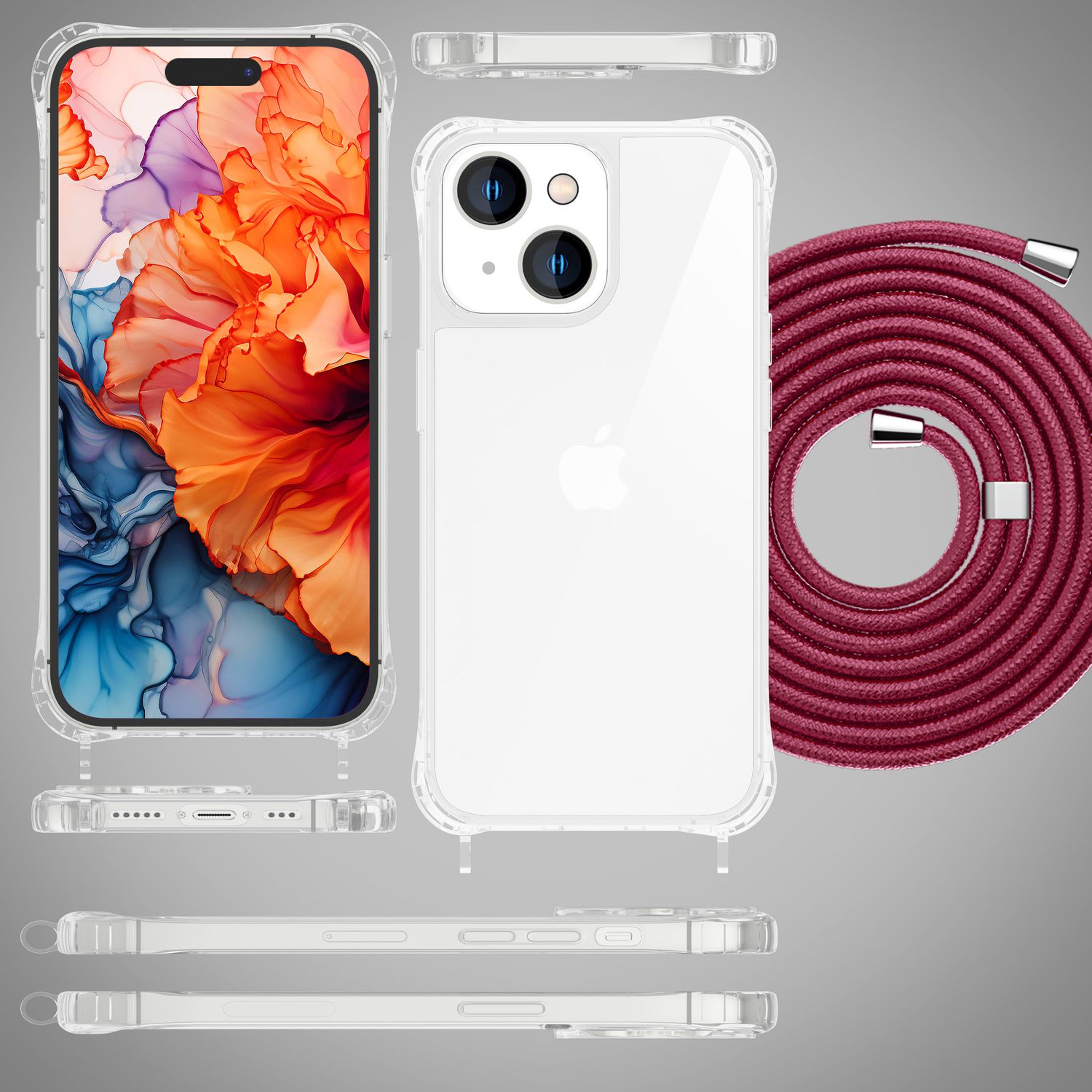 Hülle mit Band für iPhone 15 Plus Handyhülle Umhängen Handy Kette Kordel Case