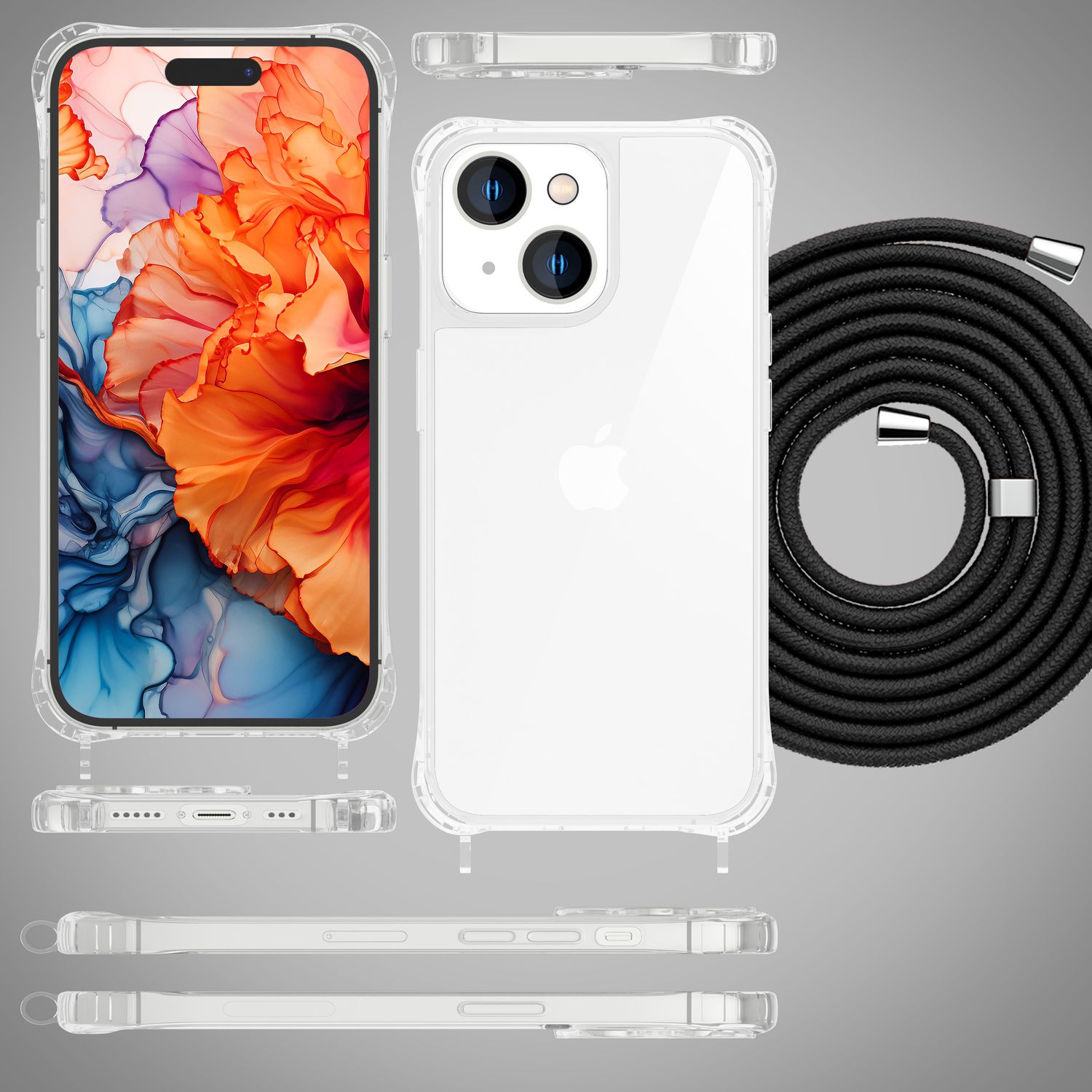 Hülle mit Band für iPhone 15 Plus Handyhülle Umhängen Handy Kette Kordel Case