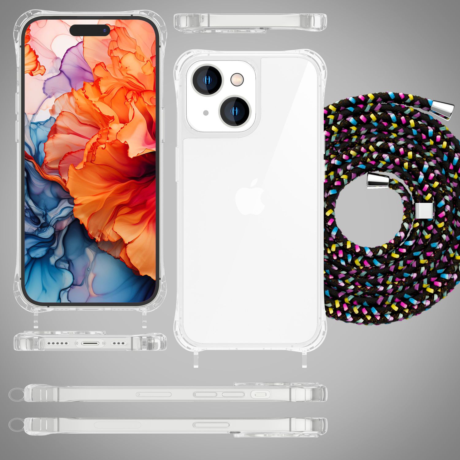 Hülle mit Band für iPhone 15 Plus Handyhülle Umhängen Handy Kette Kordel Case