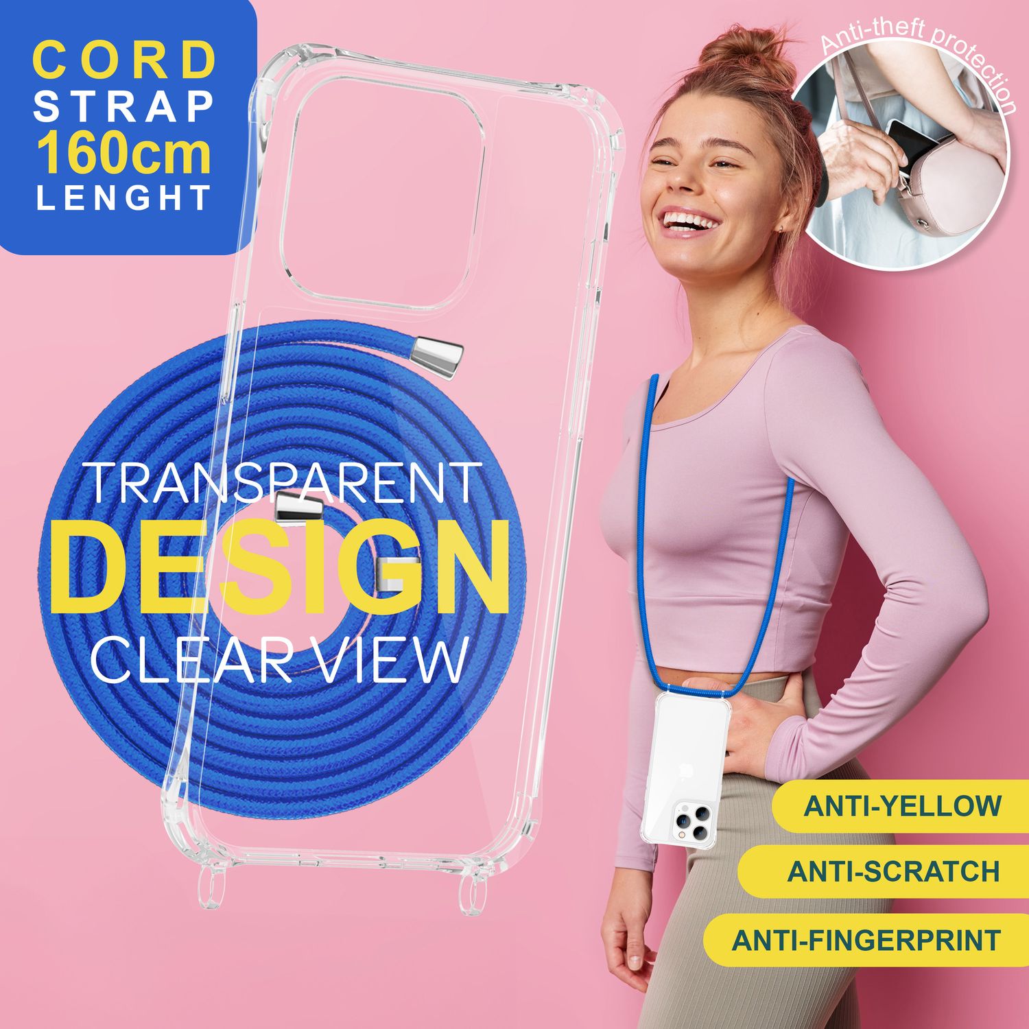 Hülle mit Band für iPhone 15 Pro Handyhülle Umhänge Case Handy Kette Kordel Seil Blau NALIA Transparente Hülle