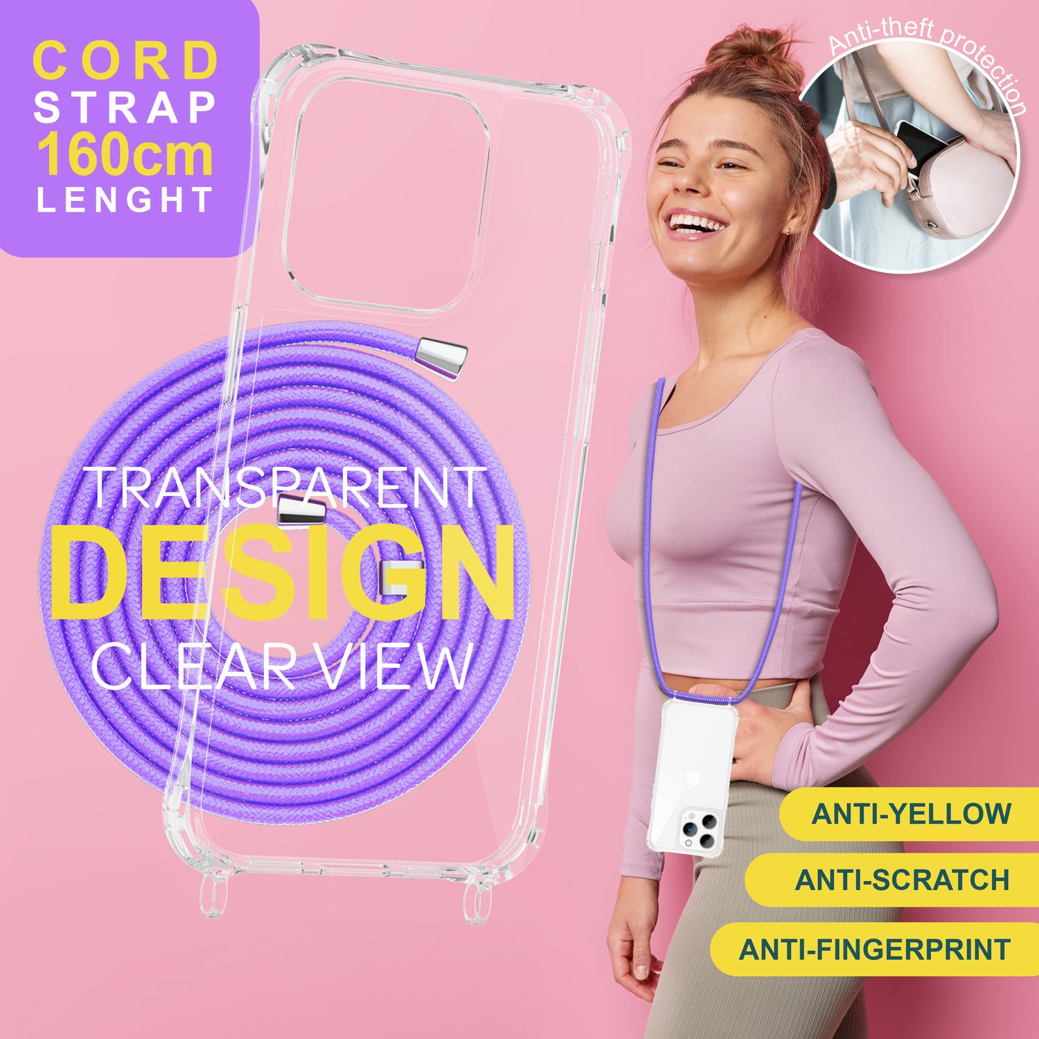 Hülle mit Band für iPhone 15 Pro Handyhülle Umhänge Case Handy Kette Kordel Seil Lila NALIA Transparente Hülle