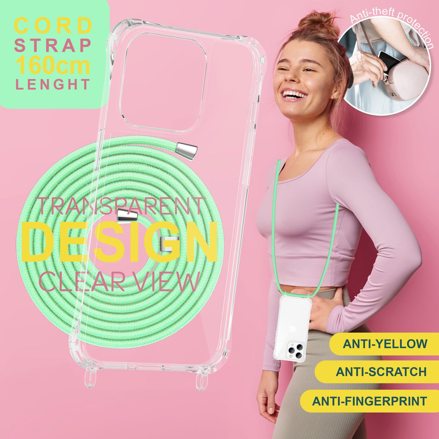 Hülle mit Band für iPhone 15 Pro Handyhülle Umhänge Case Handy Kette Kordel Seil Mint-Grün NALIA Transparente Hülle