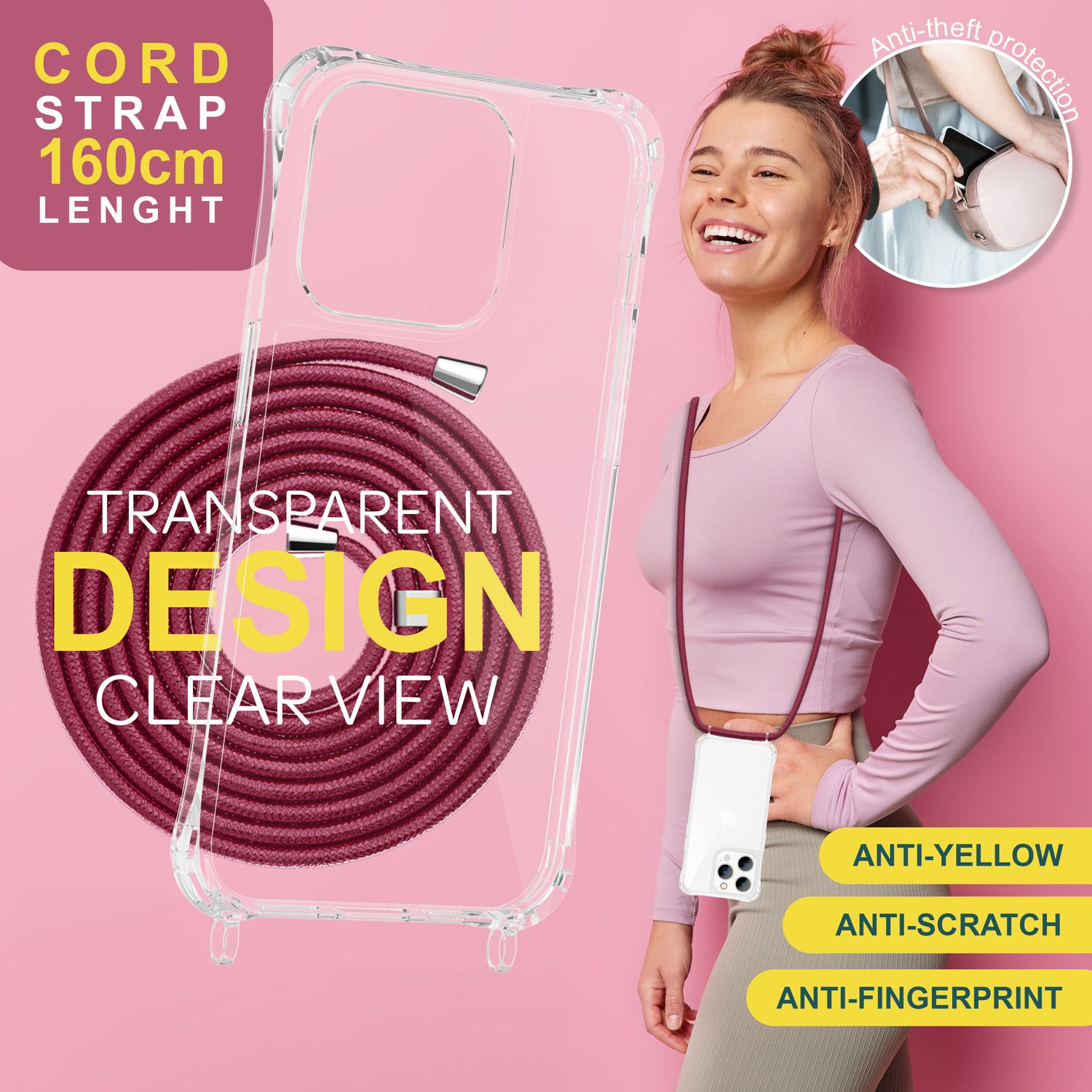 Hülle mit Band für iPhone 15 Pro Handyhülle Umhänge Case Handy Kette Kordel Seil Rot NALIA Transparente Hülle