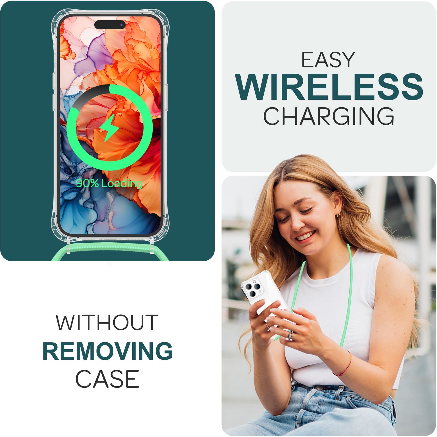 Hülle mit Band für iPhone 15 Pro Handyhülle Umhänge Case Handy Kette Kordel Seil Mint-Grün NALIA Transparente Hülle