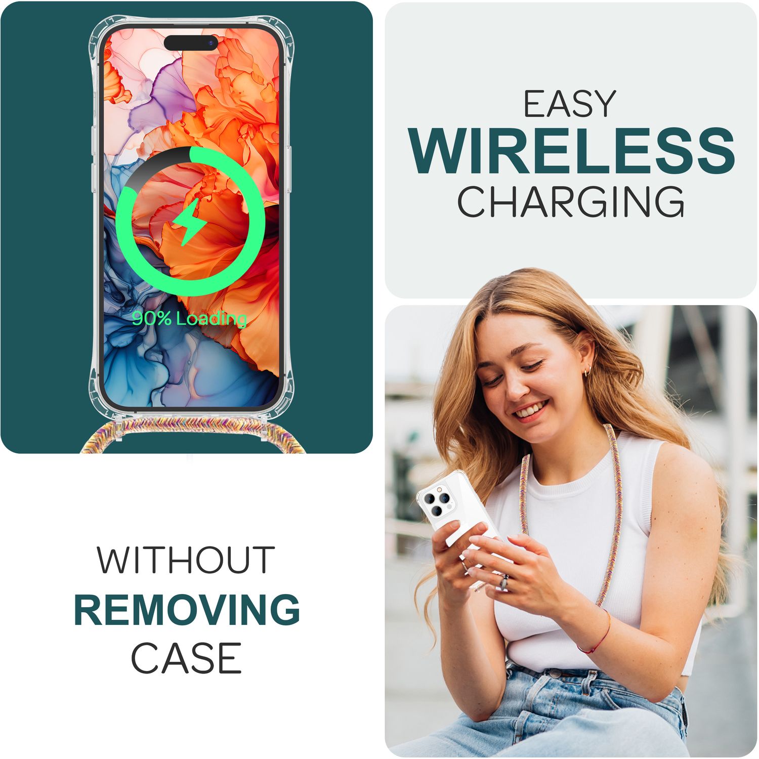 Hülle mit Band für iPhone 15 Pro Handyhülle Umhänge Case Handy Kette Kordel Seil Regenbogen NALIA Transparente Hülle
