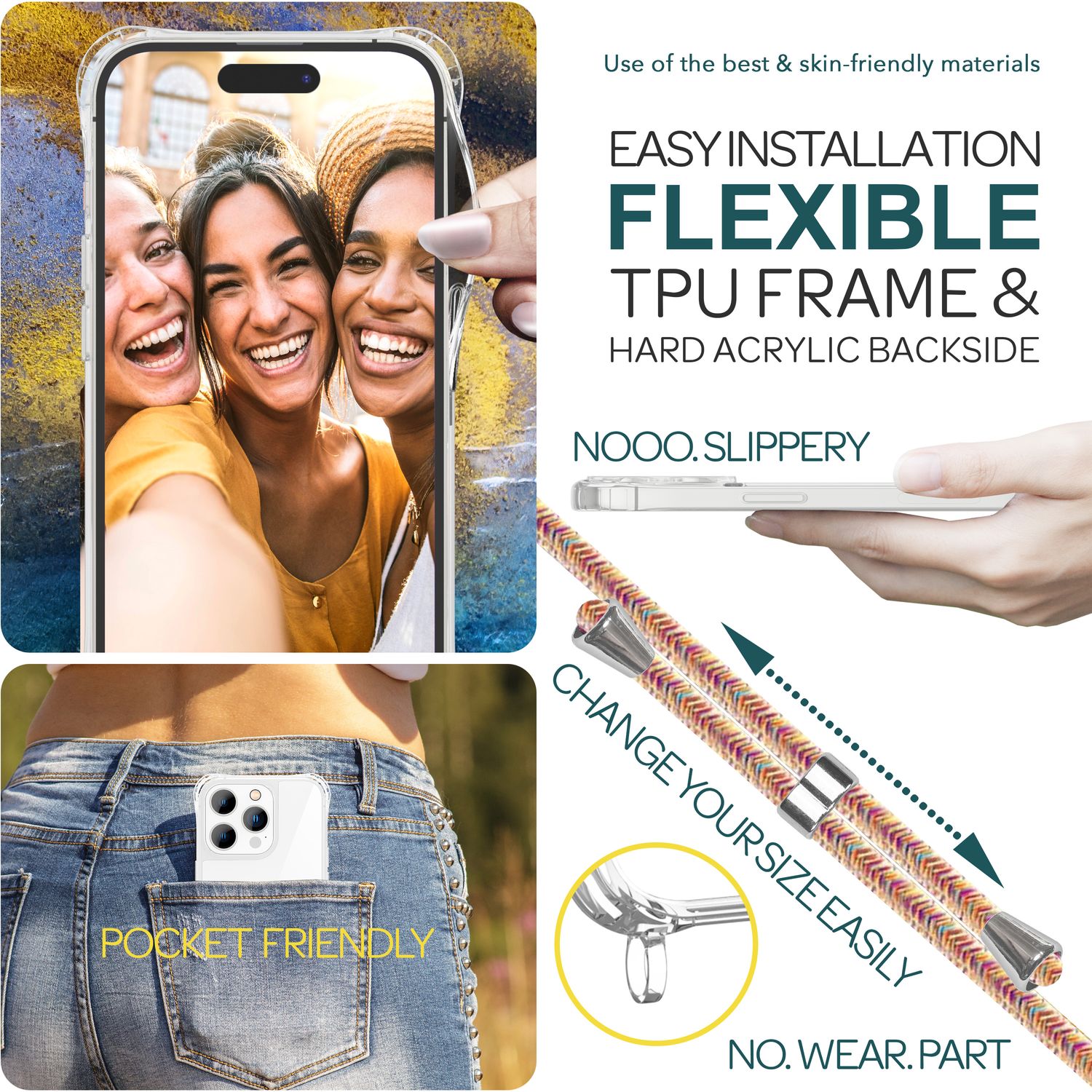 Hülle mit Band für iPhone 15 Pro Handyhülle Umhänge Case Handy Kette Kordel Seil Regenbogen NALIA Transparente Hülle