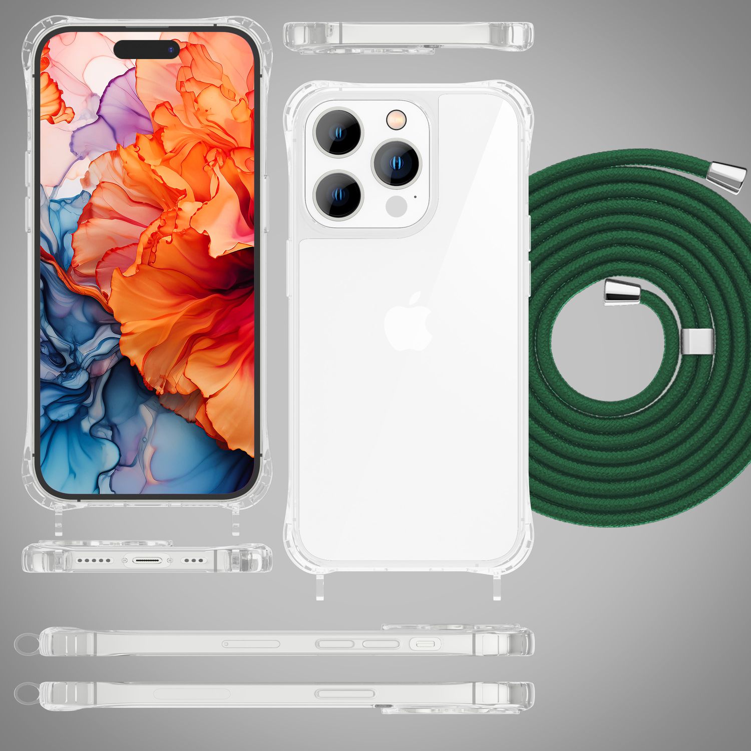 Hülle mit Band für iPhone 15 Pro Handyhülle Umhänge Case Handy Kette Kordel Seil Dunkel-Grün NALIA Transparente Hülle
