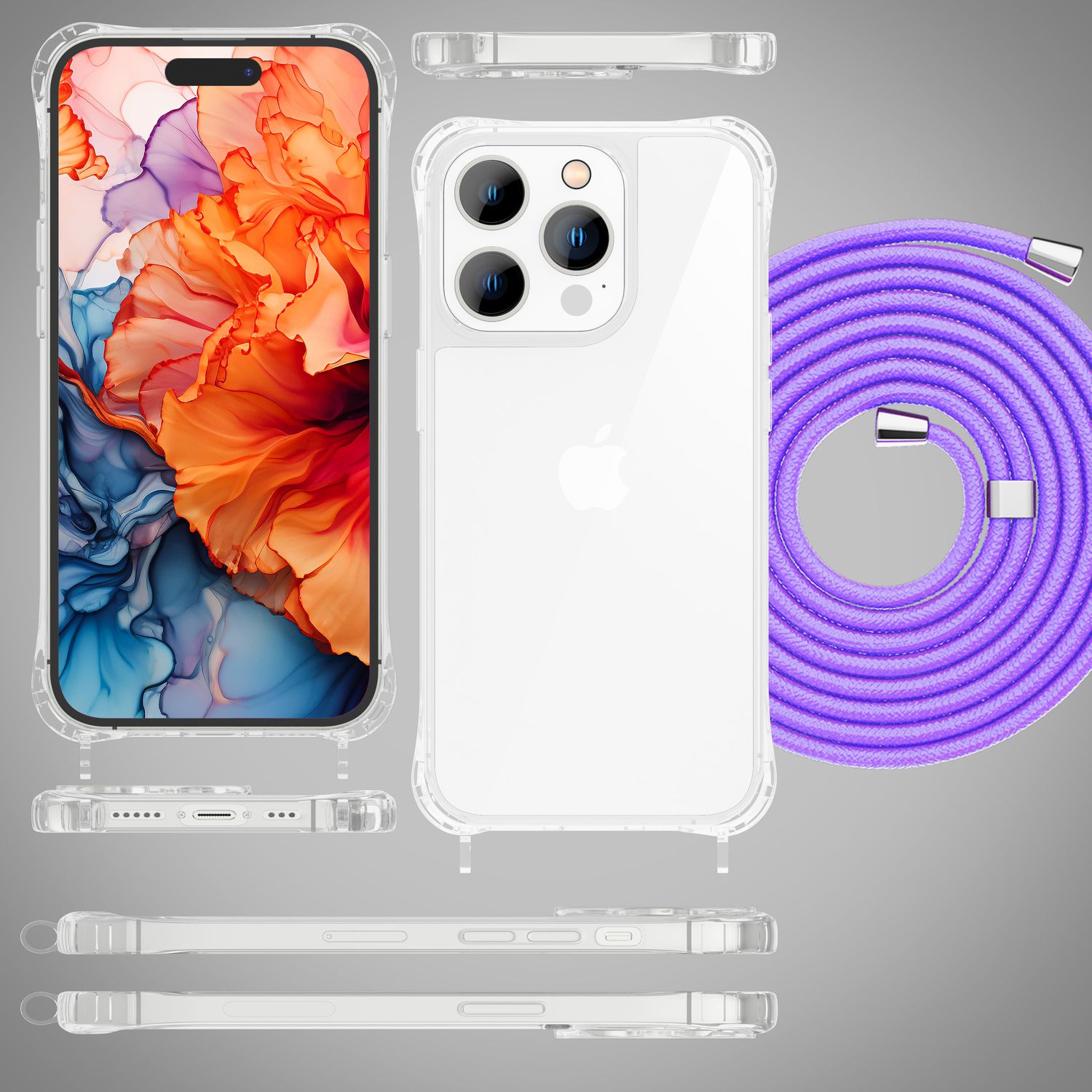 Hülle mit Band für iPhone 15 Pro Handyhülle Umhänge Case Handy Kette Kordel Seil Lila NALIA Transparente Hülle