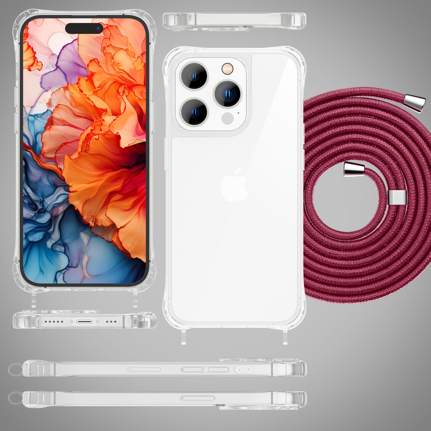 Hülle mit Band für iPhone 15 Pro Handyhülle Umhänge Case Handy Kette Kordel Seil Rot NALIA Transparente Hülle