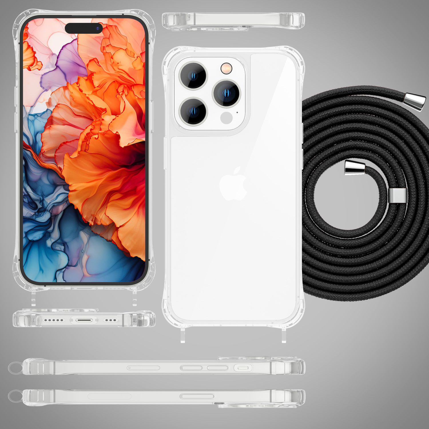 Hülle mit Band für iPhone 15 Pro Handyhülle Umhänge Case Handy Kette Kordel Seil Schwarz NALIA Transparente Hülle