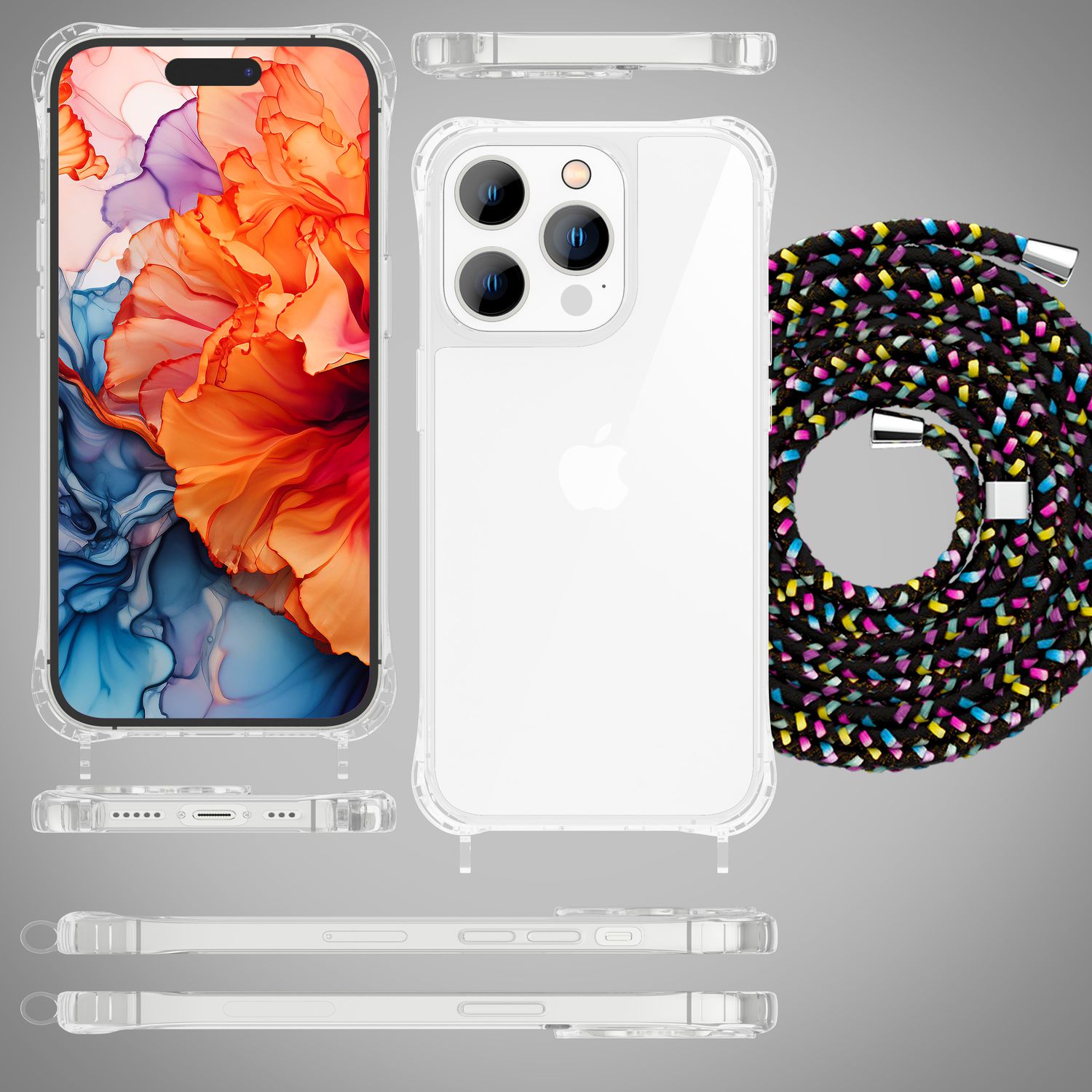 Hülle mit Band für iPhone 15 Pro Handyhülle Umhänge Case Handy Kette Kordel Seil Schwarz Bunt NALIA Transparente Hülle
