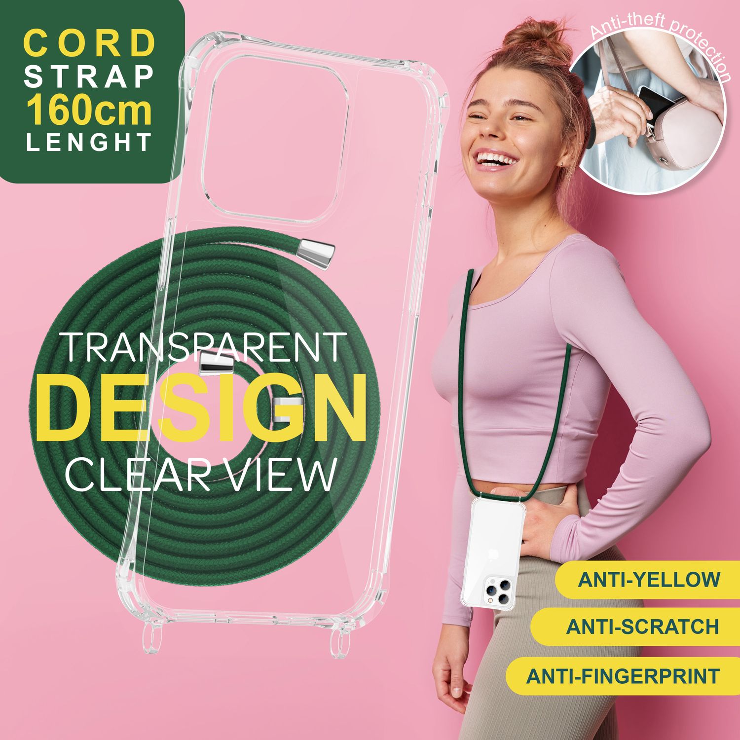 Hülle mit Band für iPhone 15 Pro Max Handyhülle Umhängen Handy Kette Case Kordel Dunkel-Grün NALIA Transparente Hülle