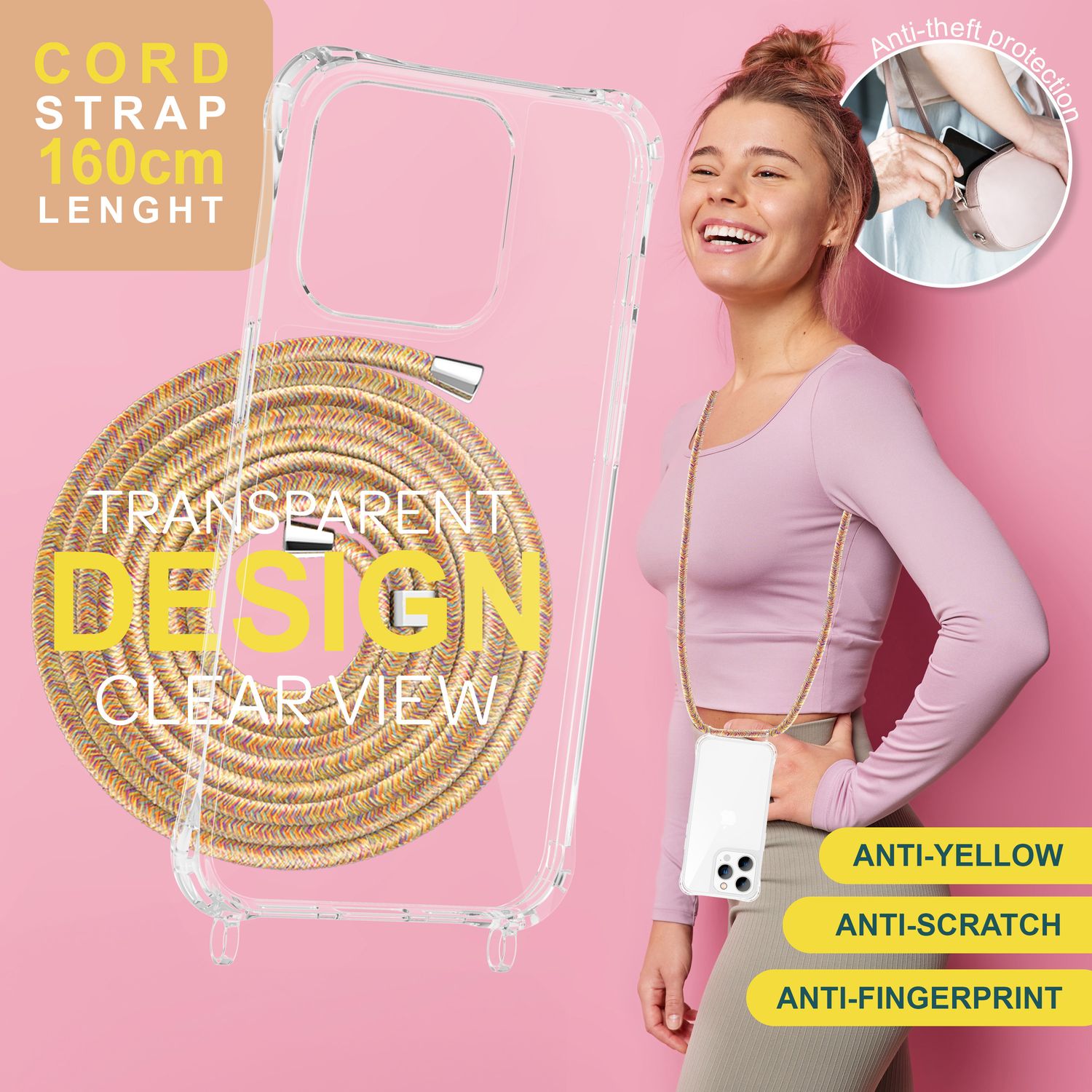 Hülle mit Band für iPhone 15 Pro Max Handyhülle Umhängen Handy Kette Case Kordel Regenbogen NALIA Transparente Hülle