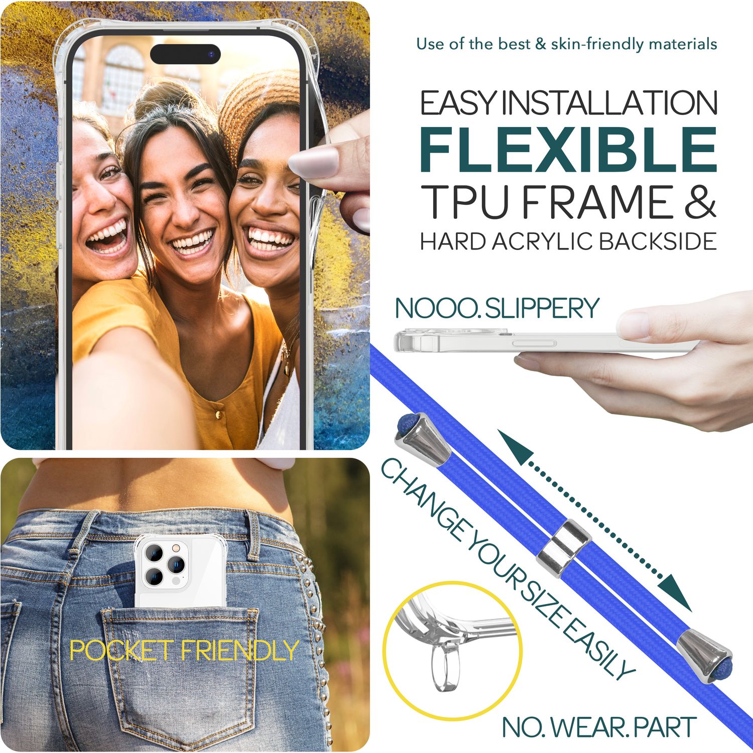 Hülle mit Band für iPhone 15 Pro Max Handyhülle Umhängen Handy Kette Case Kordel Blau NALIA Transparente Hülle