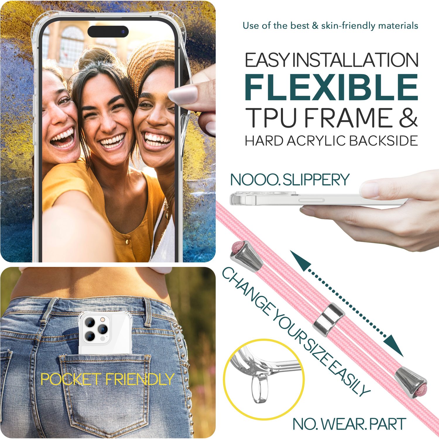 Hülle mit Band für iPhone 15 Pro Max Handyhülle Umhängen Handy Kette Case Kordel Rosa NALIA Transparente Hülle