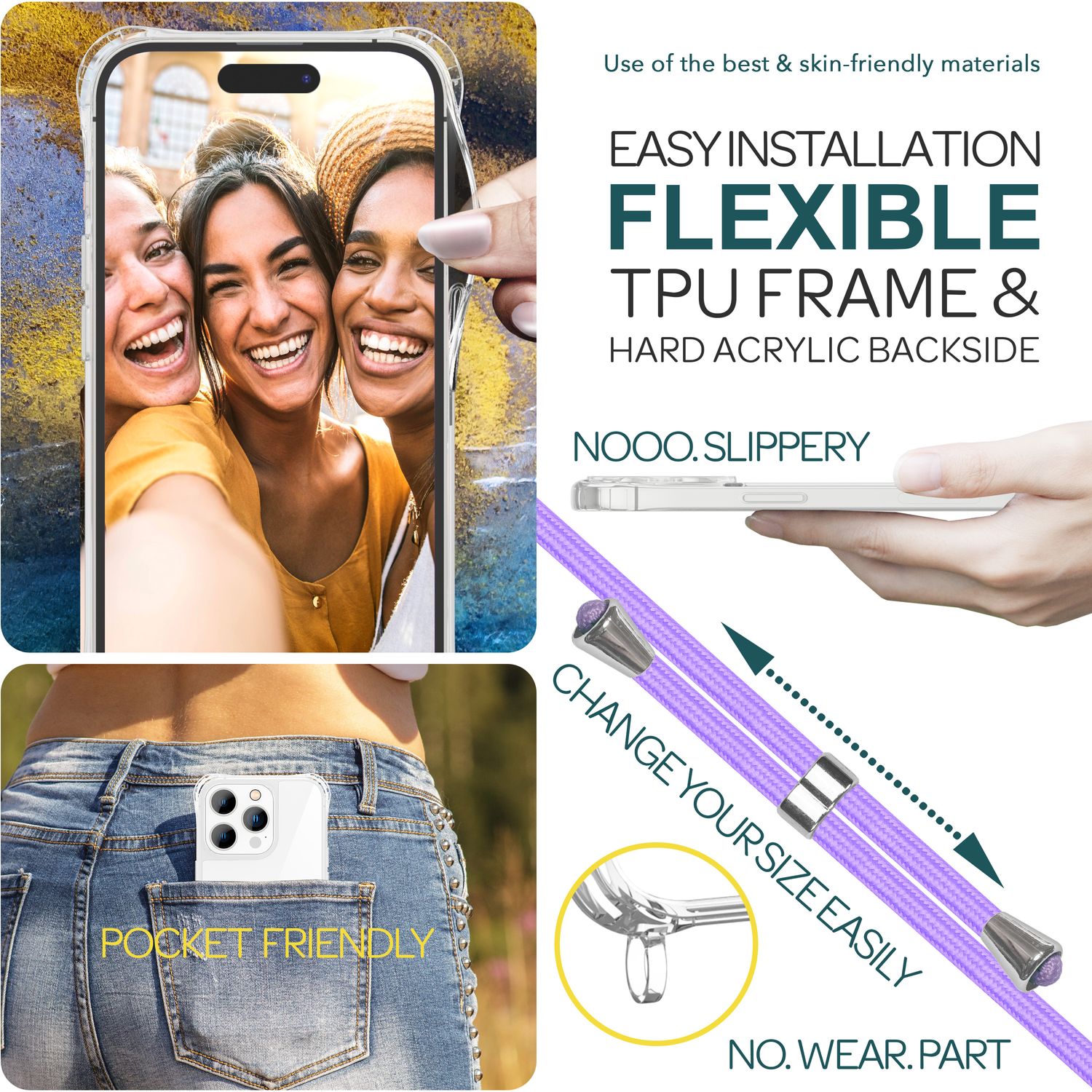 Hülle mit Band für iPhone 15 Pro Max Handyhülle Umhängen Handy Kette Case Kordel Lila NALIA Transparente Hülle