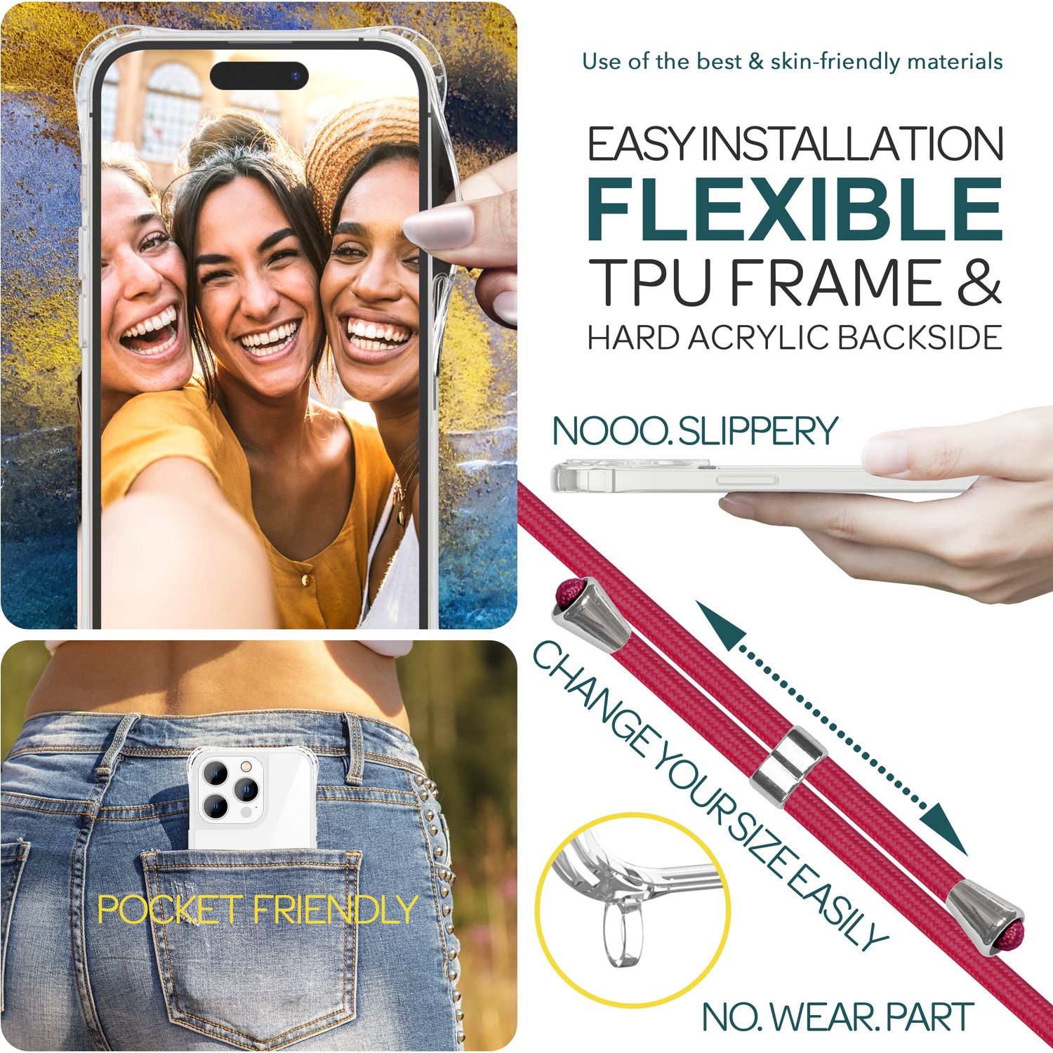 Hülle mit Band für iPhone 15 Pro Max Handyhülle Umhängen Handy Kette Case Kordel Rot NALIA Transparente Hülle