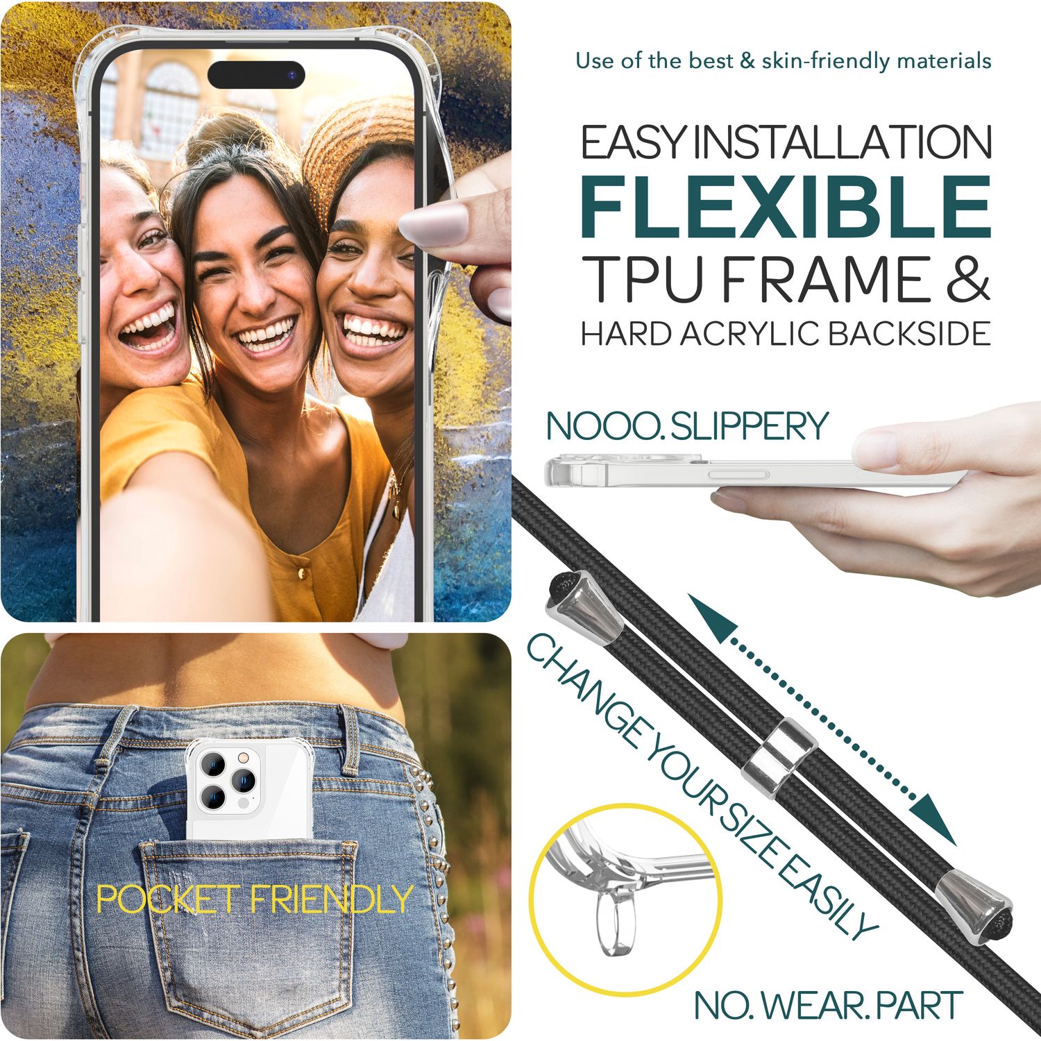 Hülle mit Band für iPhone 15 Pro Max Handyhülle Umhängen Handy Kette Case Kordel Schwarz NALIA Transparente Hülle