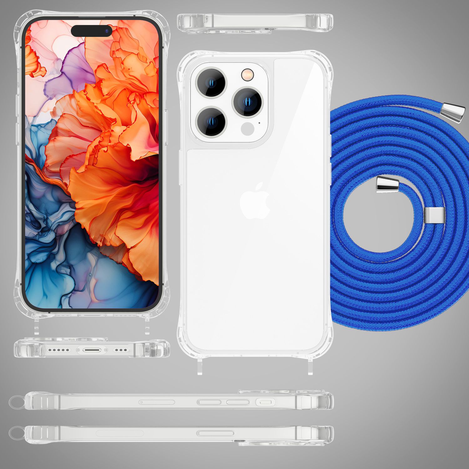 Hülle mit Band für iPhone 15 Pro Max Handyhülle Umhängen Handy Kette Case Kordel Blau NALIA Transparente Hülle
