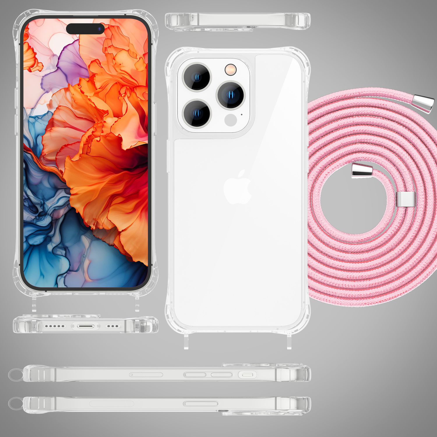 Hülle mit Band für iPhone 15 Pro Max Handyhülle Umhängen Handy Kette Case Kordel Rosa NALIA Transparente Hülle