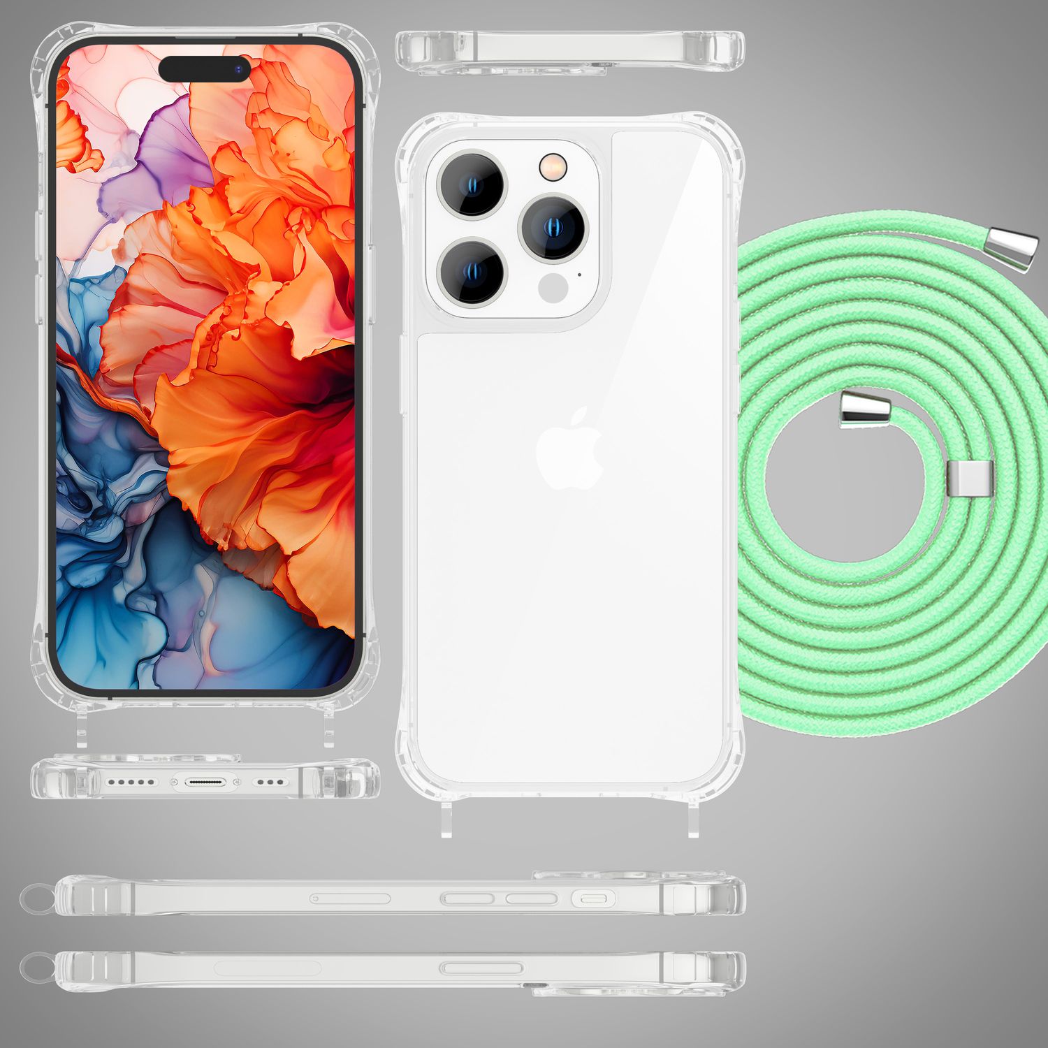 Hülle mit Band für iPhone 15 Pro Max Handyhülle Umhängen Handy Kette Case Kordel Mint-Grün NALIA Transparente Hülle