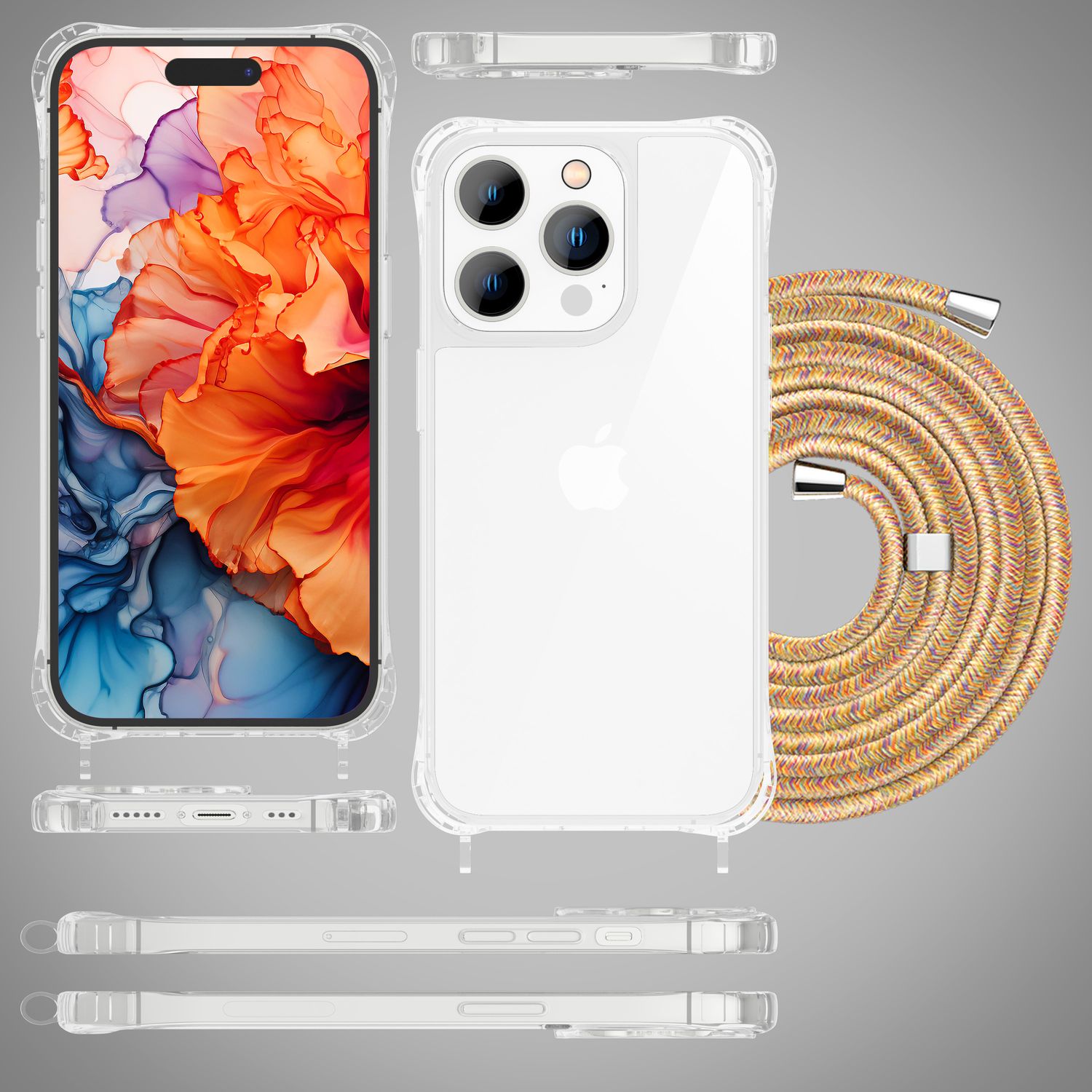 Hülle mit Band für iPhone 15 Pro Max Handyhülle Umhängen Handy Kette Case Kordel Regenbogen NALIA Transparente Hülle