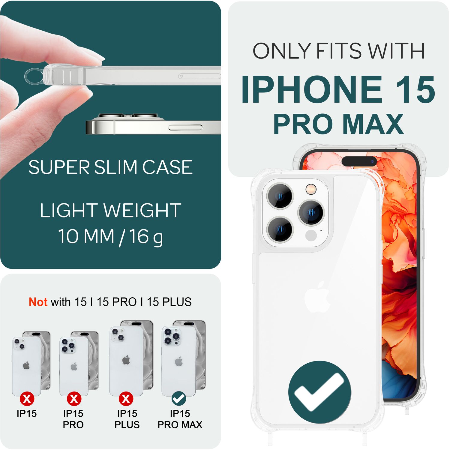 Hülle mit Band für iPhone 15 Pro Max Handyhülle Umhängen Handy Kette Case Kordel Rot NALIA Transparente Hülle