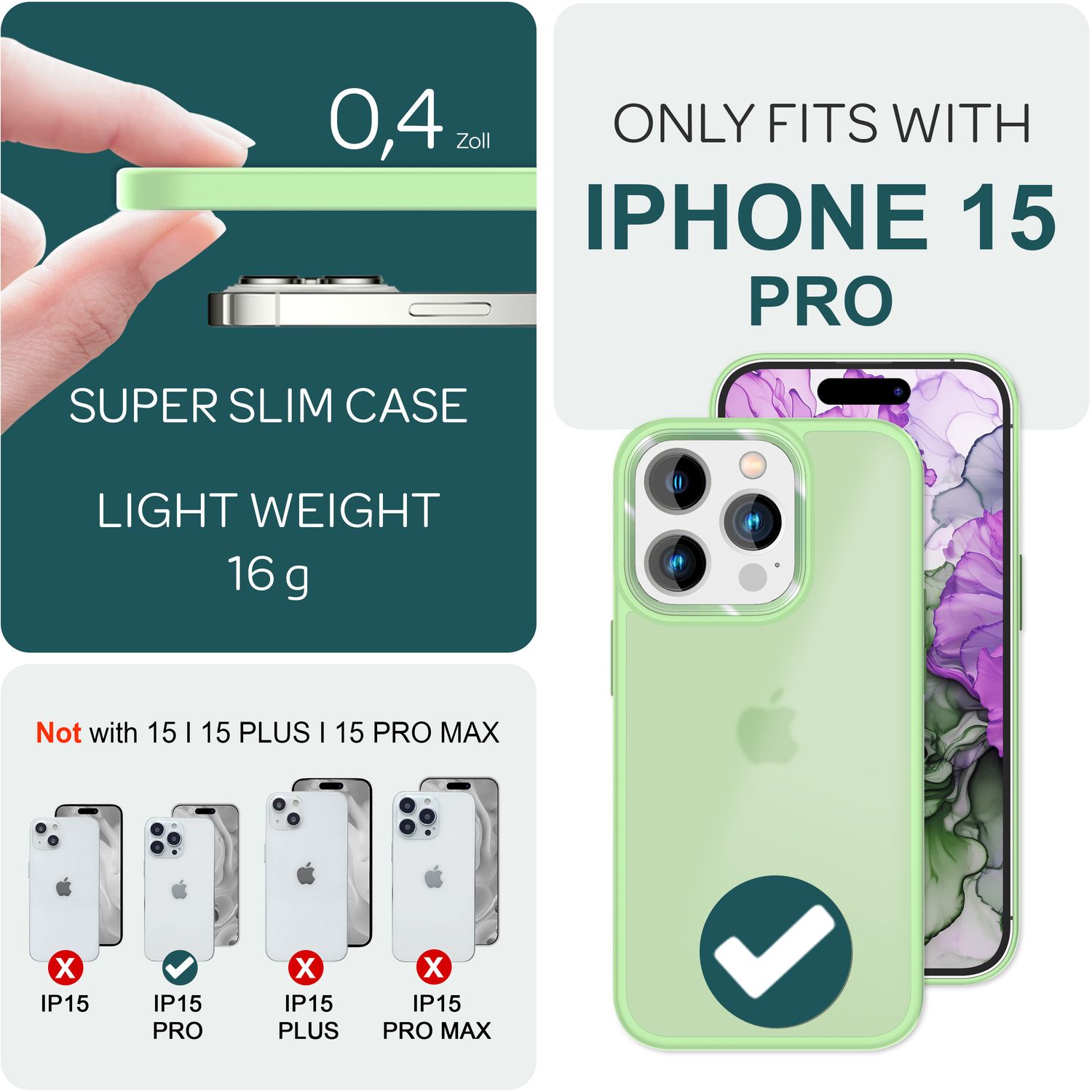 Hybrid Hülle für iPhone 15 Pro Frosted Case Schutz Rand Handy Tasche Handyhülle Mint-Grün NALIA Protective Hülle