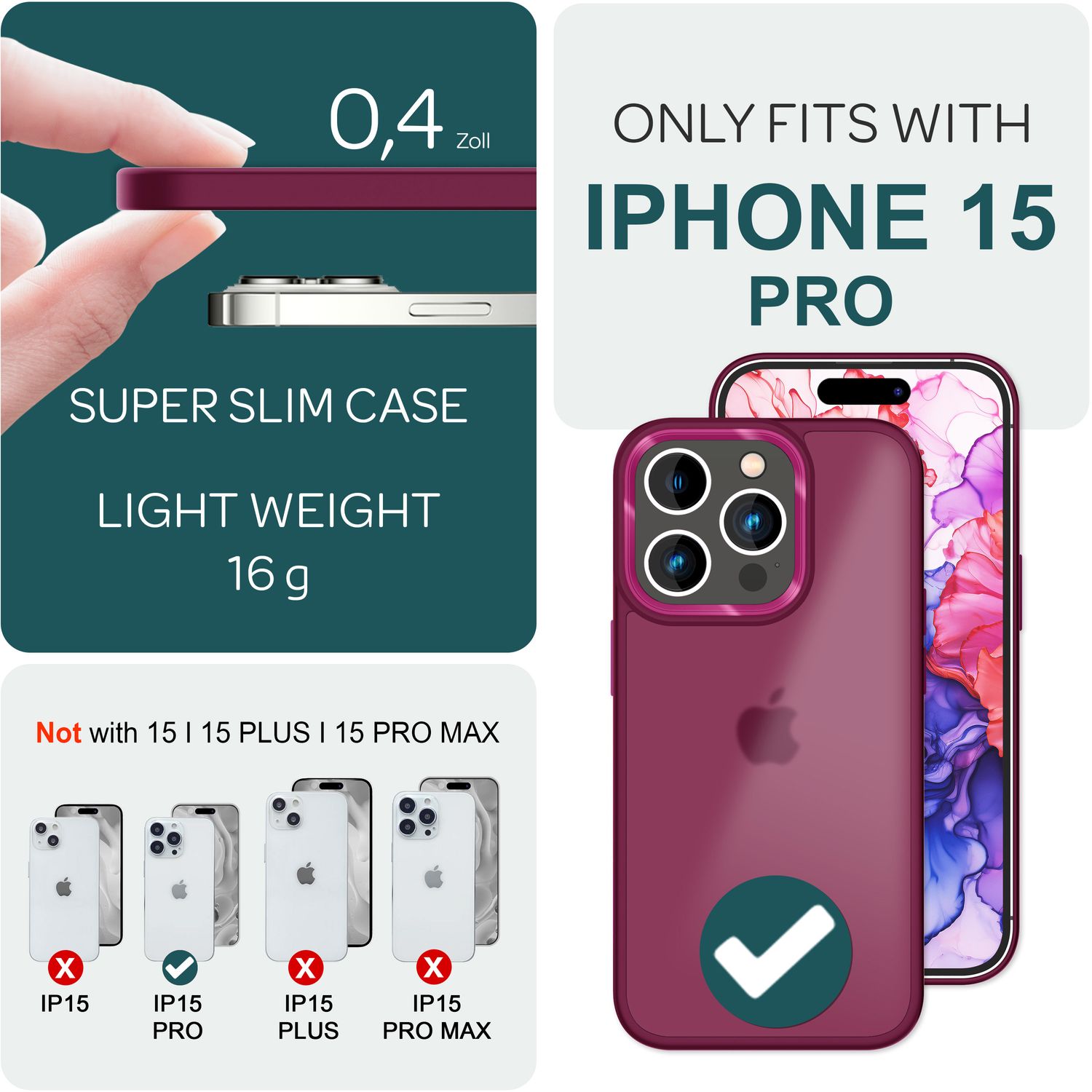 Hybrid Hülle für iPhone 15 Pro Frosted Case Schutz Rand Handy Tasche Handyhülle Rot NALIA Protective Hülle