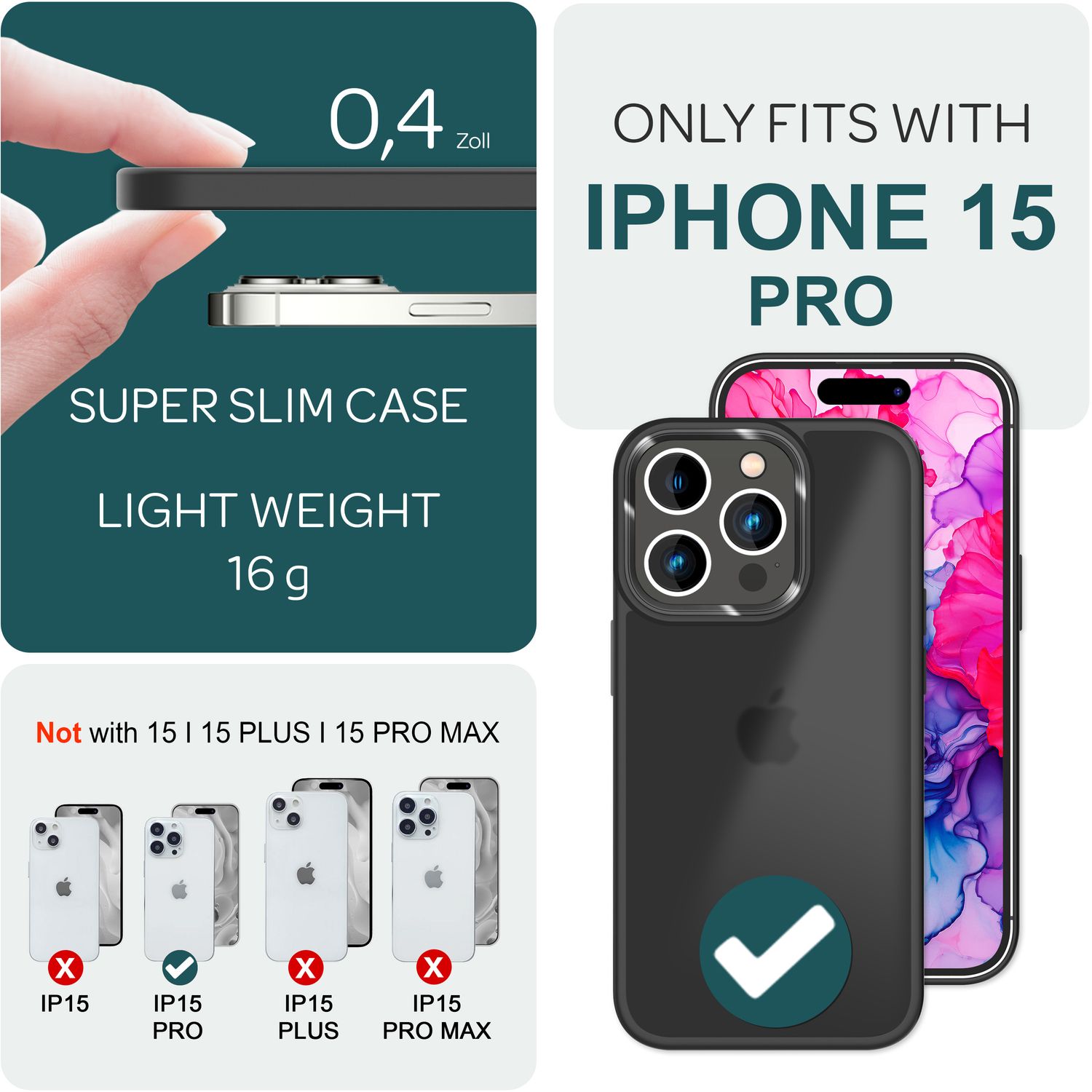 Hybrid Hülle für iPhone 15 Pro Frosted Case Schutz Rand Handy Tasche Handyhülle Schwarz NALIA Protective Hülle