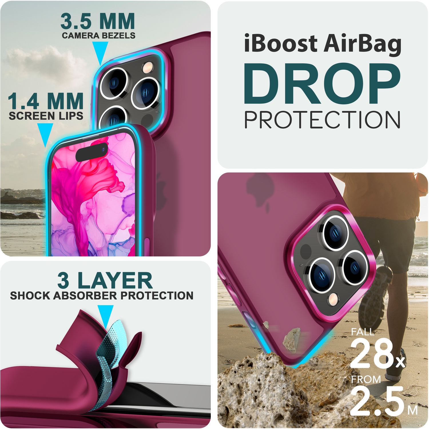 Hybrid Hülle für iPhone 15 Pro Frosted Case Schutz Rand Handy Tasche Handyhülle Rot NALIA Protective Hülle