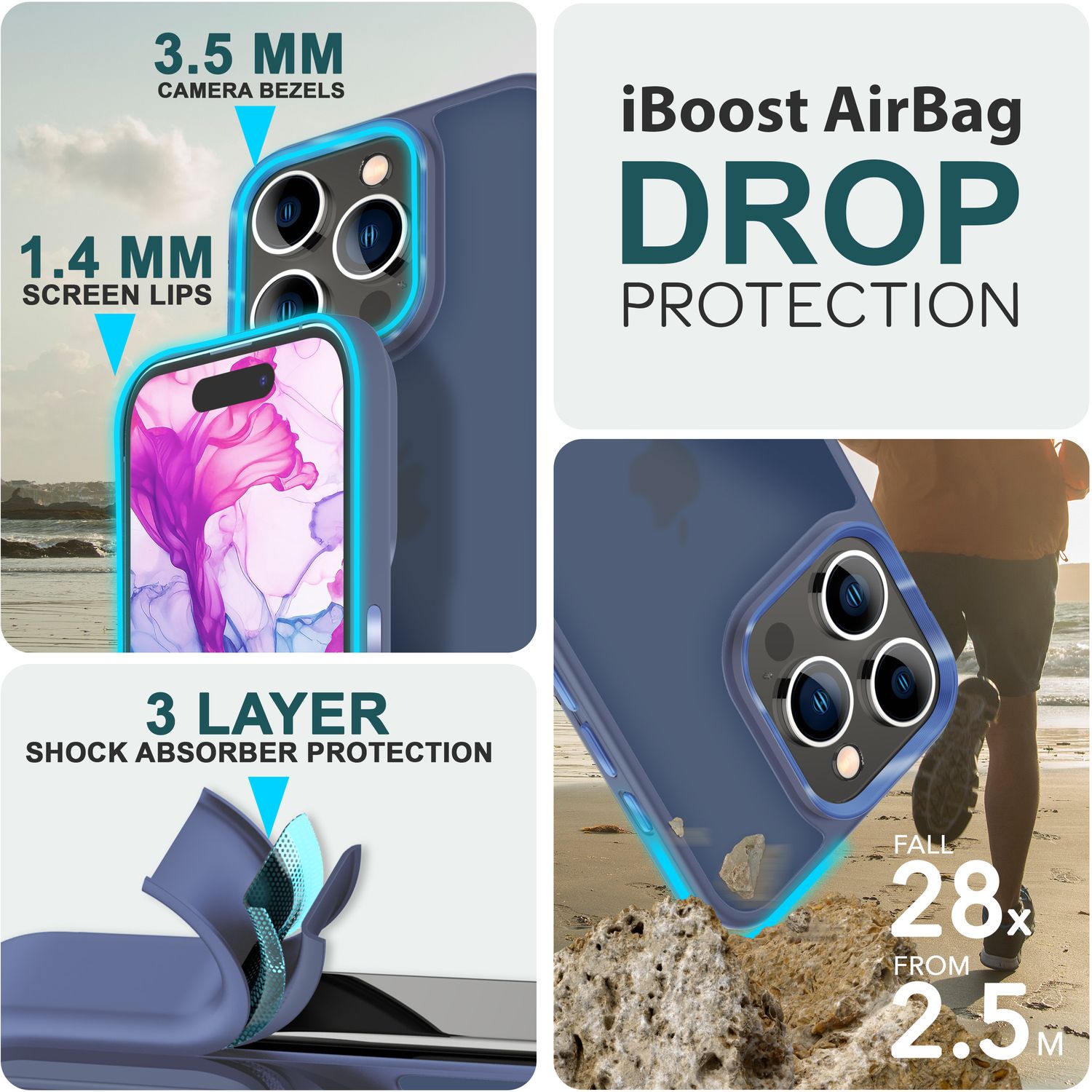 Hybrid Hülle für iPhone 15 Pro Frosted Case Schutz Rand Handy Tasche Handyhülle Blau NALIA Protective Hülle