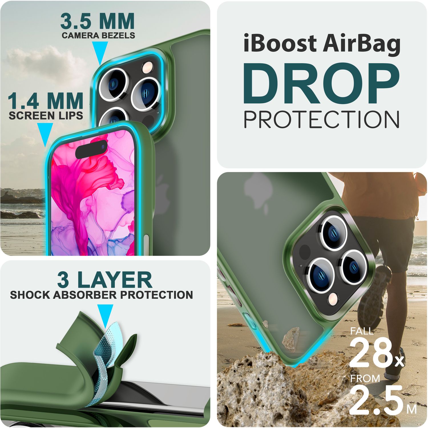 Hybrid Hülle für iPhone 15 Pro Frosted Case Schutz Rand Handy Tasche Handyhülle Dunkel-Grün NALIA Protective Hülle