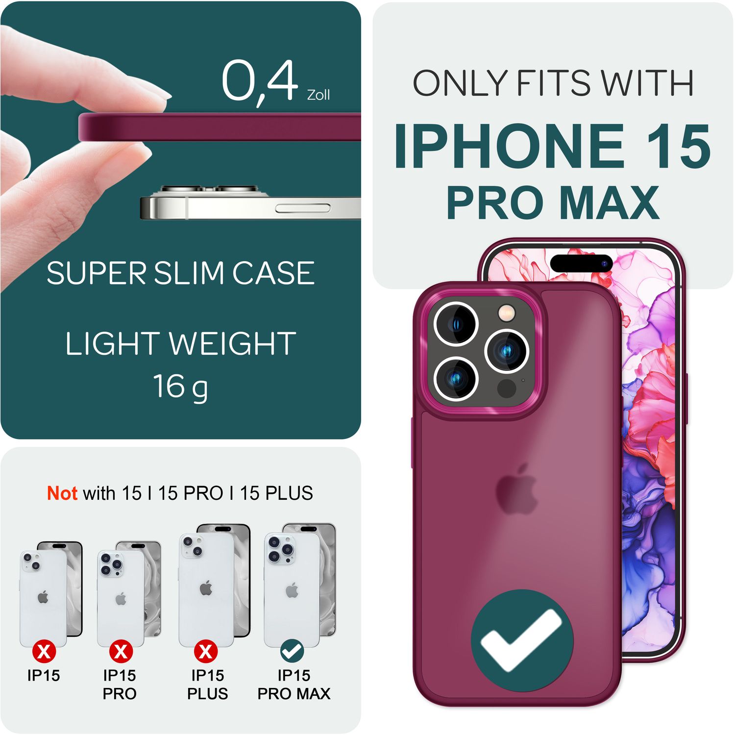 Hybrid Hülle für iPhone 15 Pro Max Frosted Case Schutz Rand Magnet Handyhülle Rot NALIA Protective Hülle