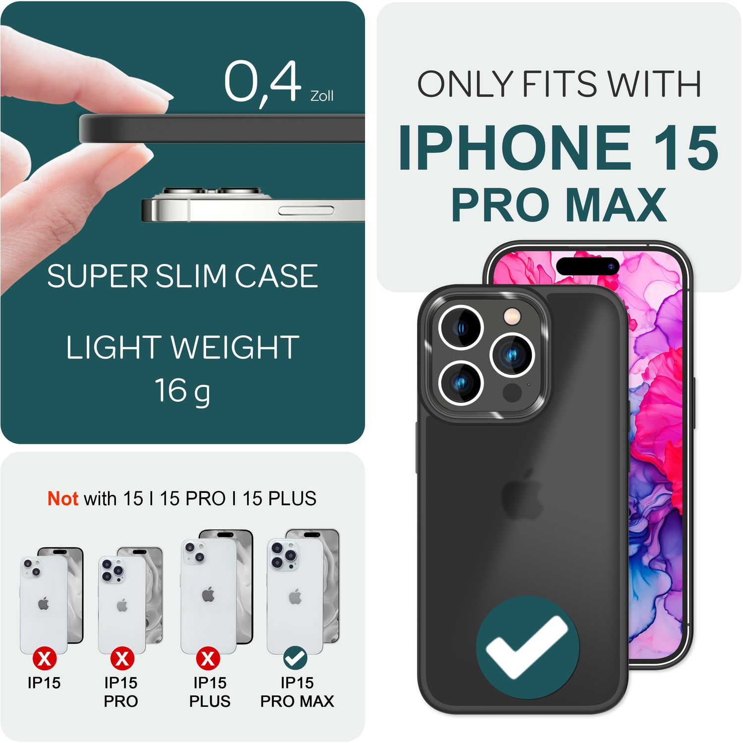 Hybrid Hülle für iPhone 15 Pro Max Frosted Case Schutz Rand Magnet Handyhülle Schwarz NALIA Protective Hülle