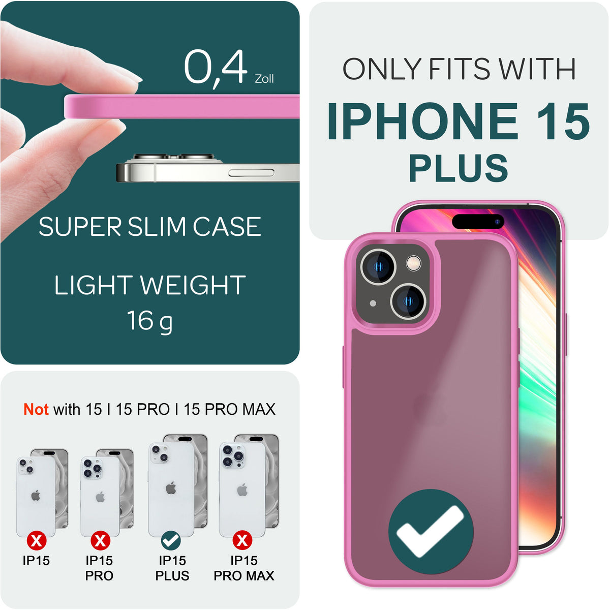 NALIA Frosted Hybrid Cover kompatibel mit iPhone 15 Plus Hülle, Semi-Transparent Mattiert Durchscheinend Anti-Gelb, Harte Rückseite & Verstärkter Fallschutz Rahmen, Handyhülle Case Pink NALIA Protective Hülle