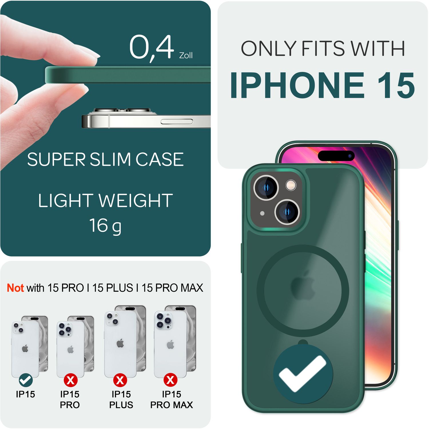 MagSafe Hülle Hybrid für iPhone 15 Frosted Hard Case Schutz Rand Handyhülle Etui Grün NALIA Protective Hülle