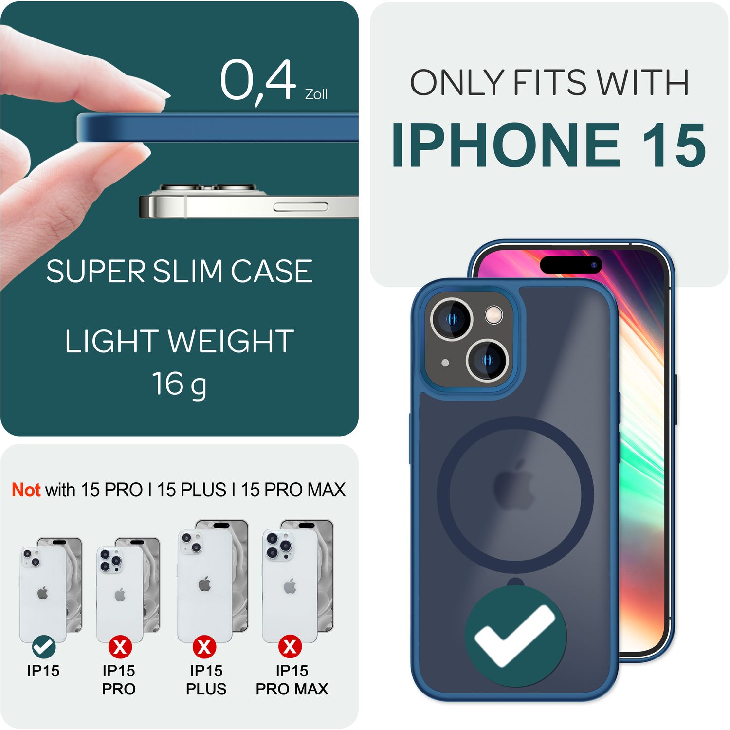 NALIA MagSafe Hülle iPhone 15 Case matt stoßfest Dunkelblau NALIA Protective Hülle