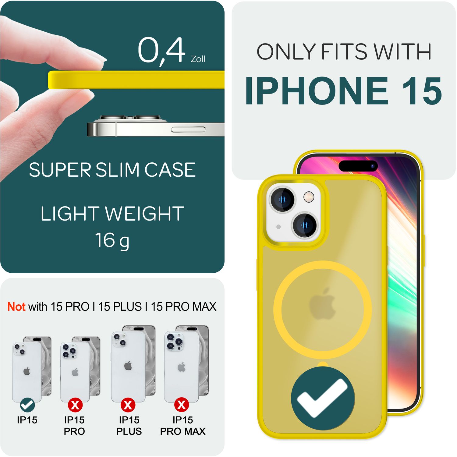 MagSafe Hülle Hybrid für iPhone 15 Frosted Hard Case Schutz Rand Handyhülle Etui Gelb NALIA Protective Hülle