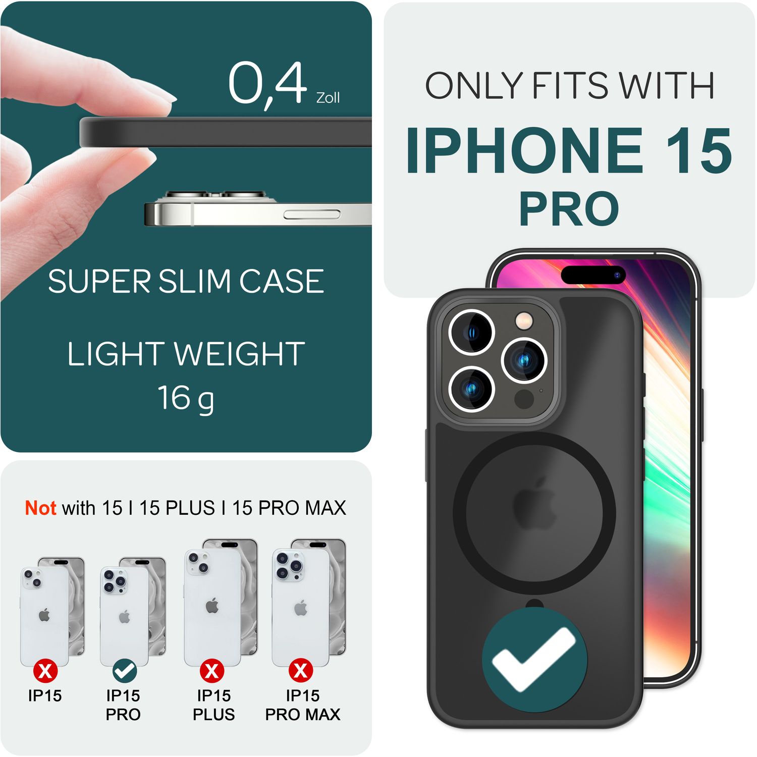 MagSafe Hülle Hybrid für iPhone 15 Pro Frosted Hard Case Handyhülle Schutz Rand Schwarz NALIA Protective Hülle