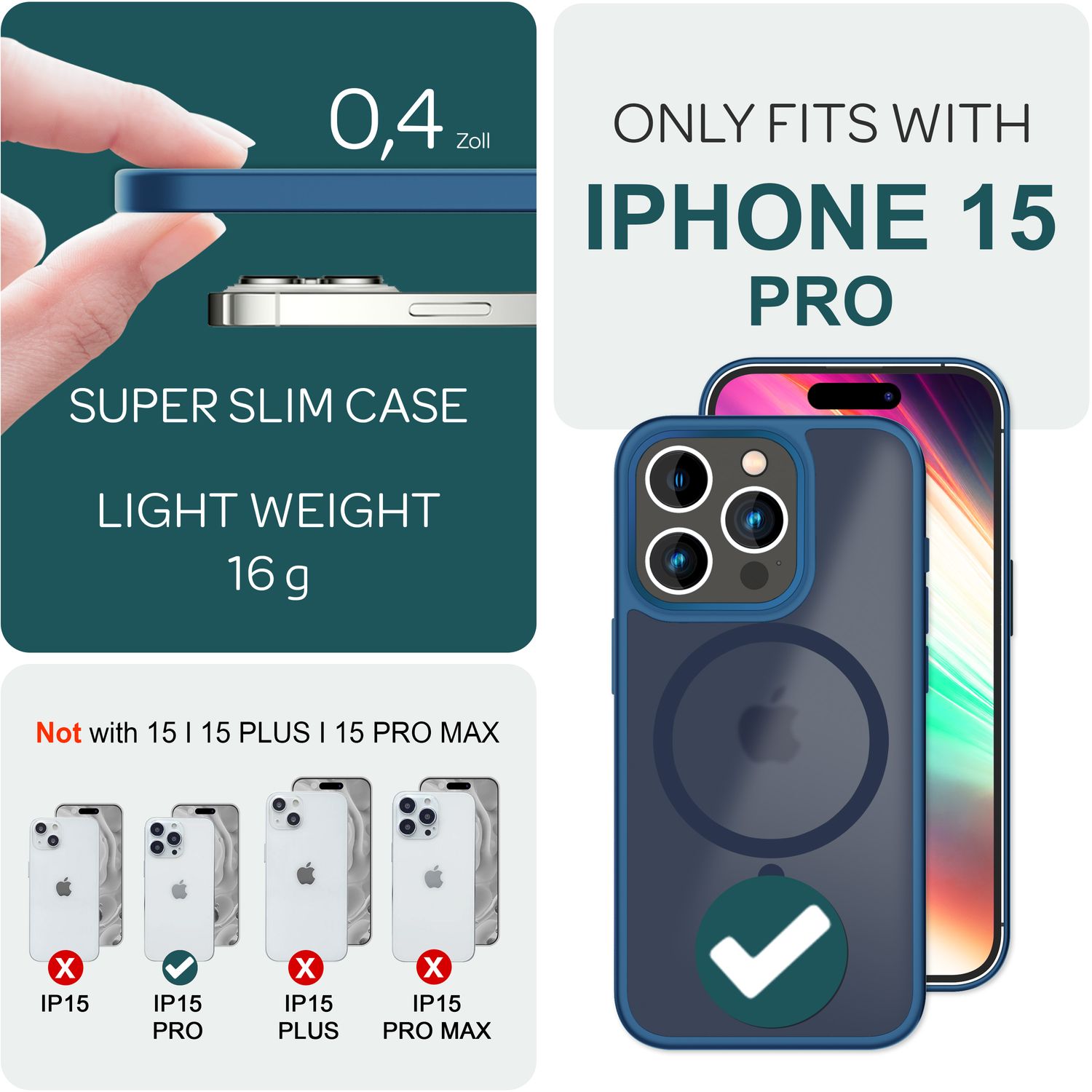 NALIA MagSafe Hülle iPhone 15 Pro Case matt stoßfest Dunkelblau NALIA Protective Hülle