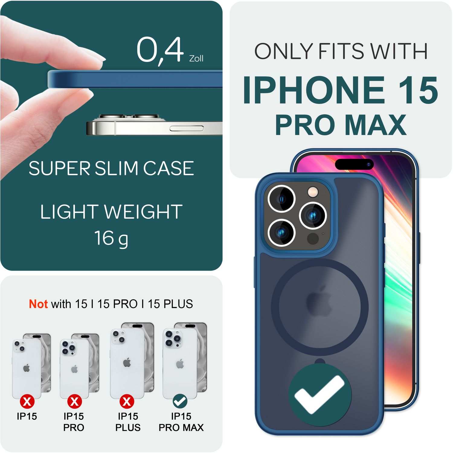 NALIA MagSafe Hülle iPhone 15 Pro Max Case matt stoßfest Dunkelblau NALIA Protective Hülle