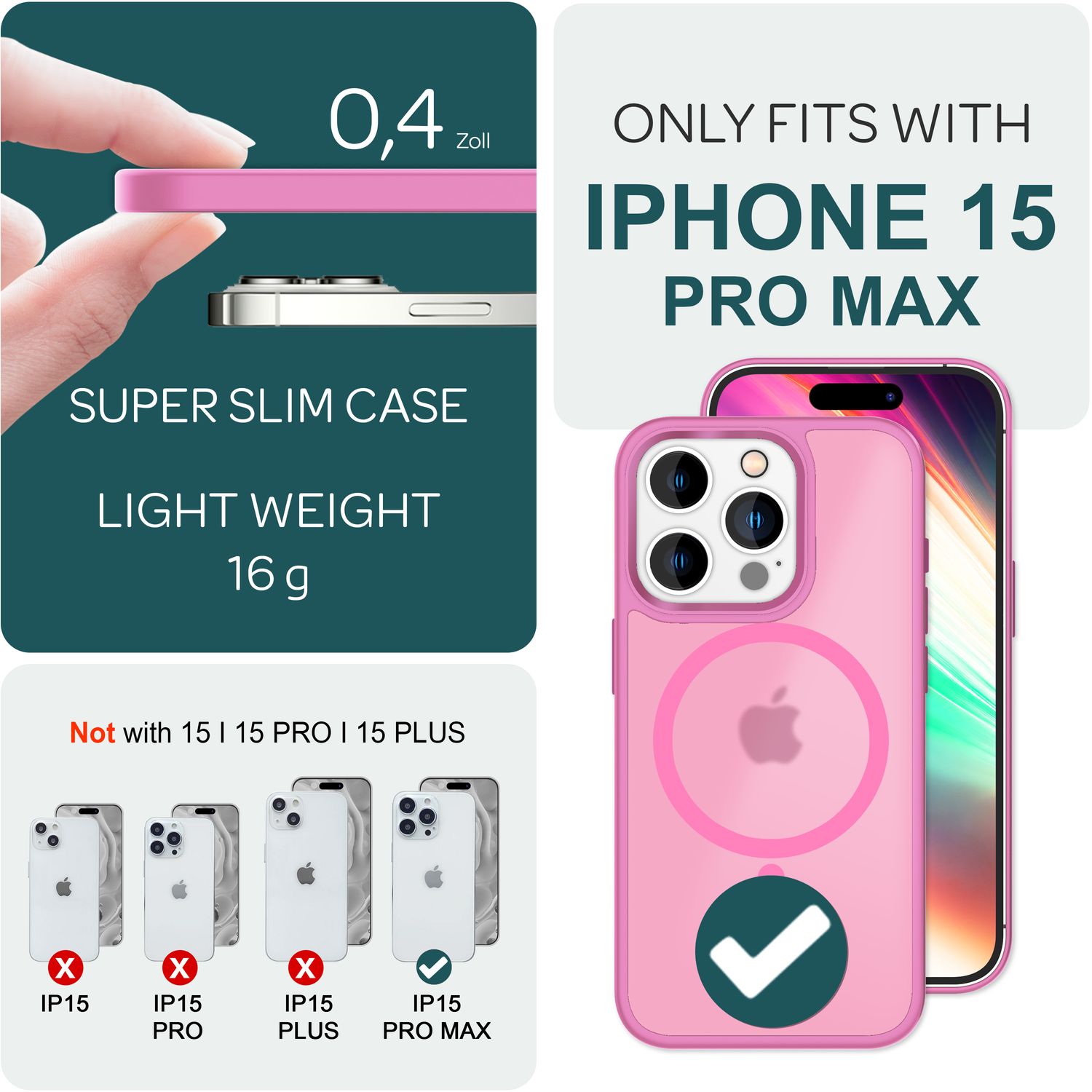 NALIA MagSafe Hülle iPhone 15 Pro Max Case matt stoßfest Pink NALIA Protective Hülle