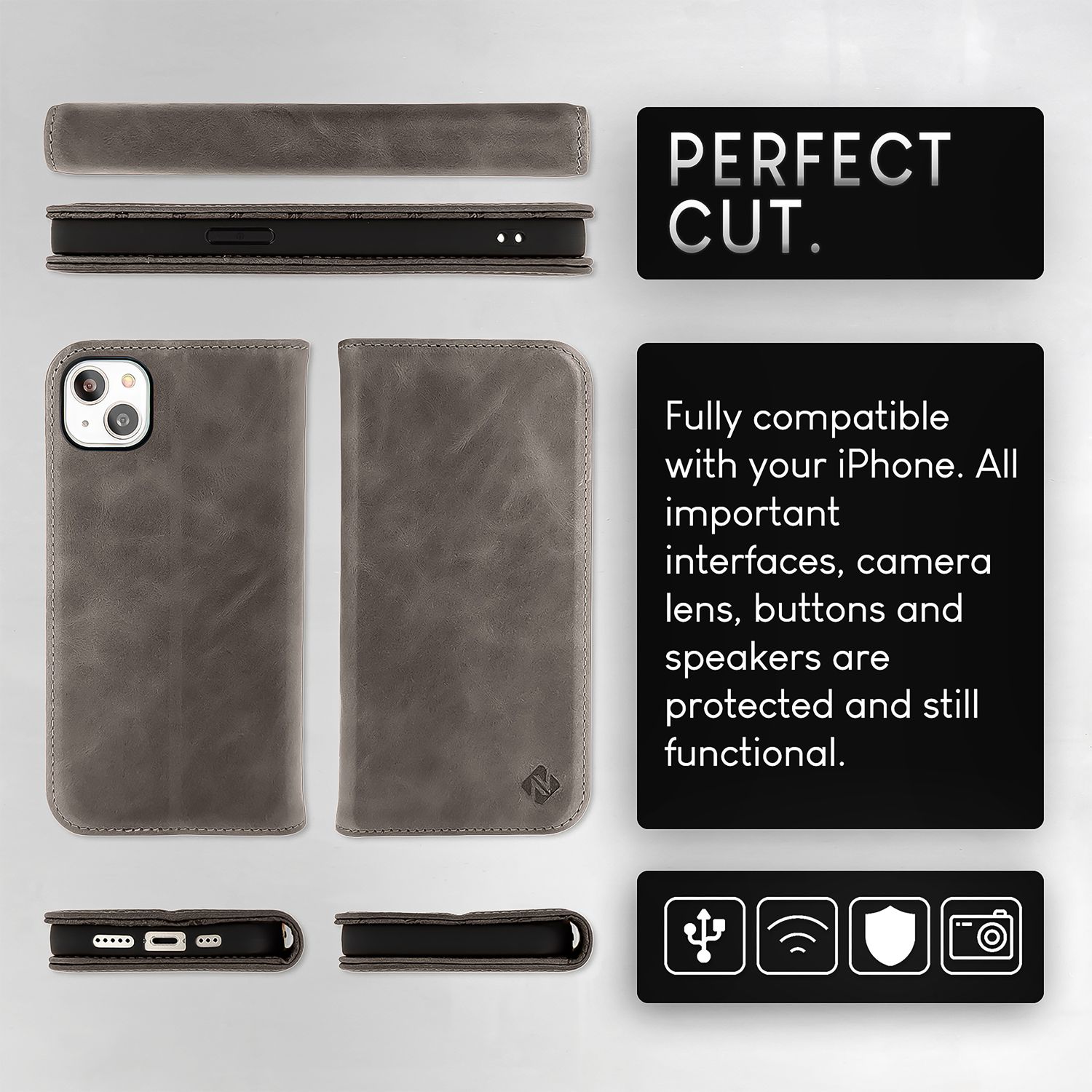 NALIA Echt-Leder Flipcase für iPhone 15 Hülle, Rindsleder Schutzhülle Lederhülle mit RFID-Schutz, Standfunktion Klappbar Dunkelgrau NALIA Protective Hülle