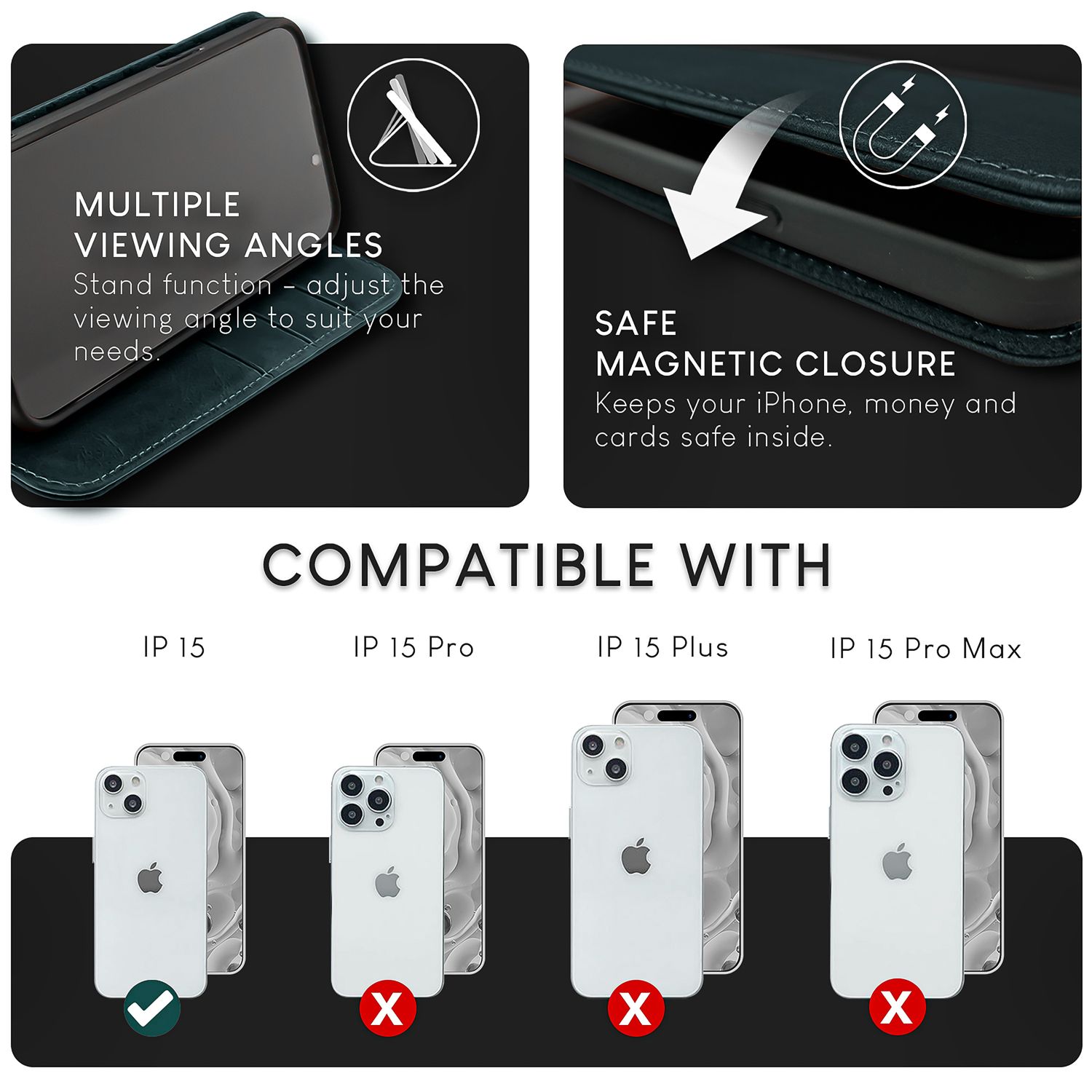 NALIA Echt-Leder Flipcase für iPhone 15 Hülle, Rindsleder Schutzhülle Lederhülle mit RFID-Schutz, Standfunktion Klappbar Dunkelblau NALIA Protective Hülle