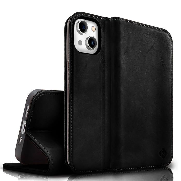 NALIA Echtlederhülle für iPhone 15 – RFID Wallet & Magnet-Verschluss – LEVANTO (Handgefertigte Klapphülle) – Marke aus Berlin