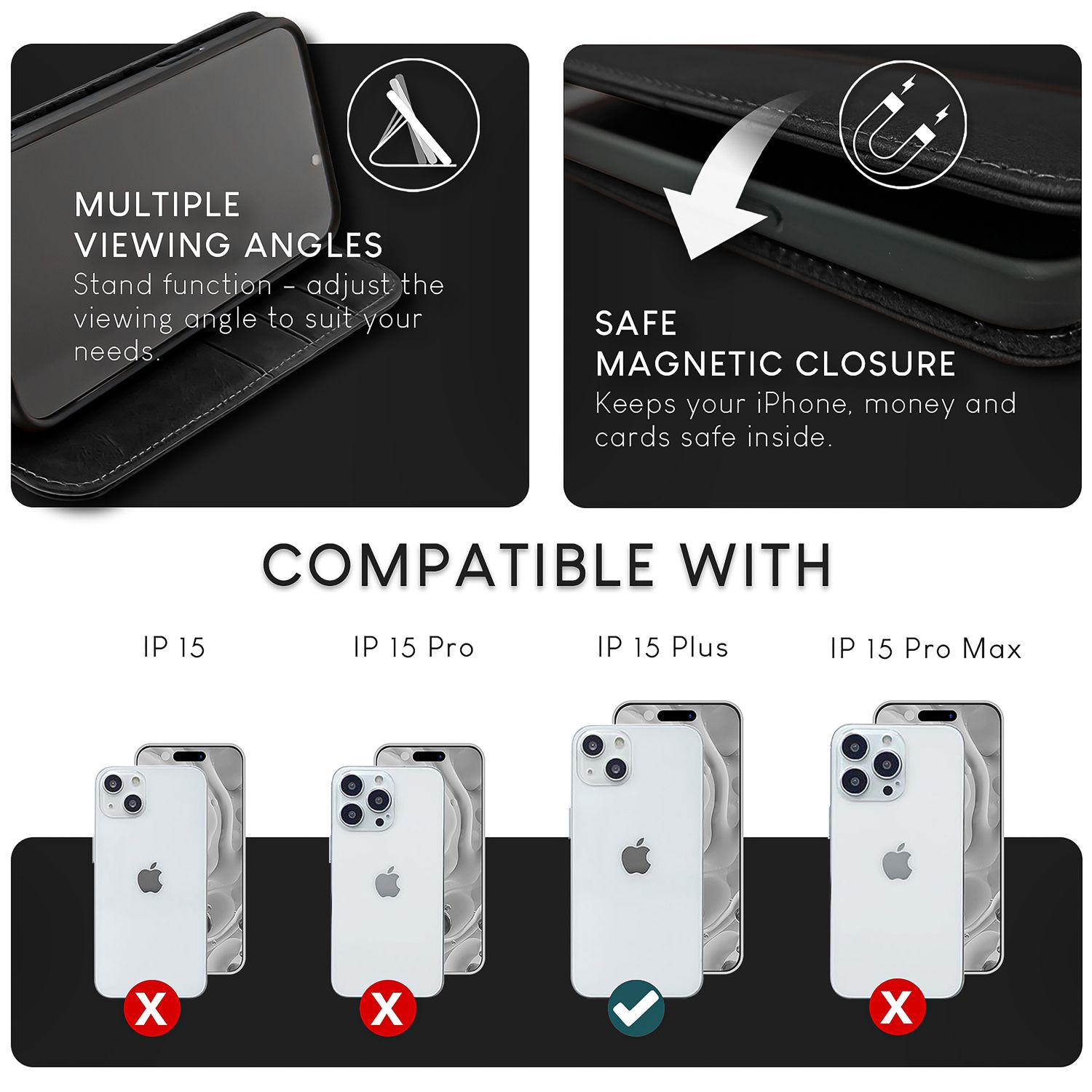 NALIA Echt-Leder Flipcase für iPhone 15 Plus Hülle, Rindsleder Schutzhülle Lederhülle RFID-Schutz, Aufstellbar Klappbar Schwarz NALIA Protective Hülle