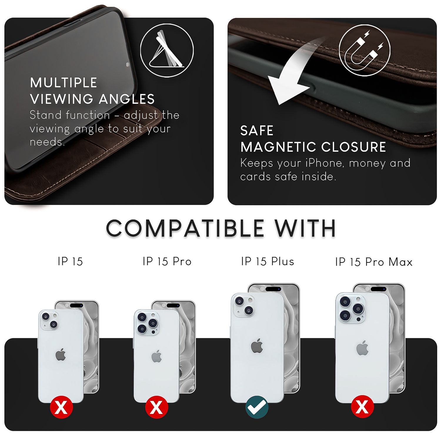 NALIA Echt-Leder Flipcase für iPhone 15 Plus Hülle, Rindsleder Schutzhülle Lederhülle RFID-Schutz, Aufstellbar Klappbar Dunkel-Braun NALIA Protective Hülle