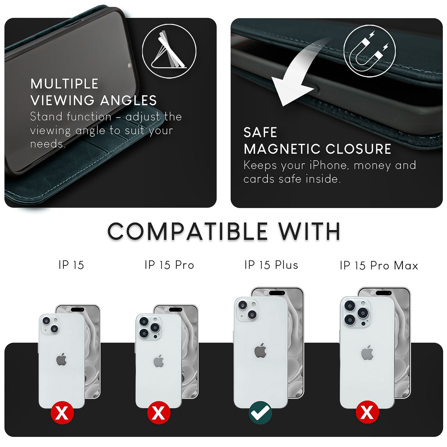 NALIA Echt-Leder Flipcase für iPhone 15 Plus Hülle, Rindsleder Schutzhülle Lederhülle RFID-Schutz, Aufstellbar Klappbar Dunkelblau NALIA Protective Hülle